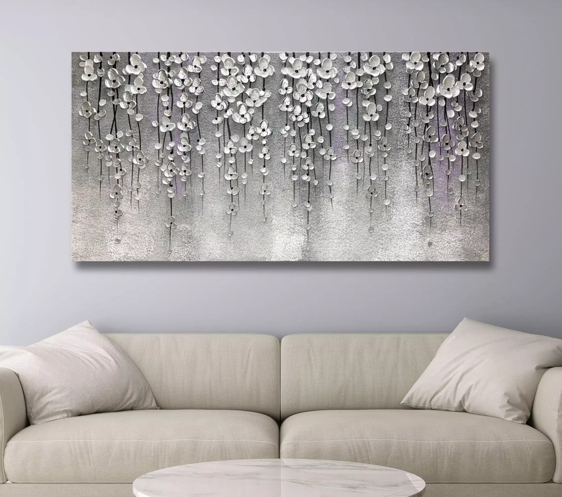 Yika Art 24x48 Inch Modern Abstract Oil Painting - Hand Painted Canvas Wall Art Decor for Living Room, Bedroom & Office - Silver Flower 3D Artwork (Grey) | Perfect for Home Decor, Housewarming Gifts & Interior Design