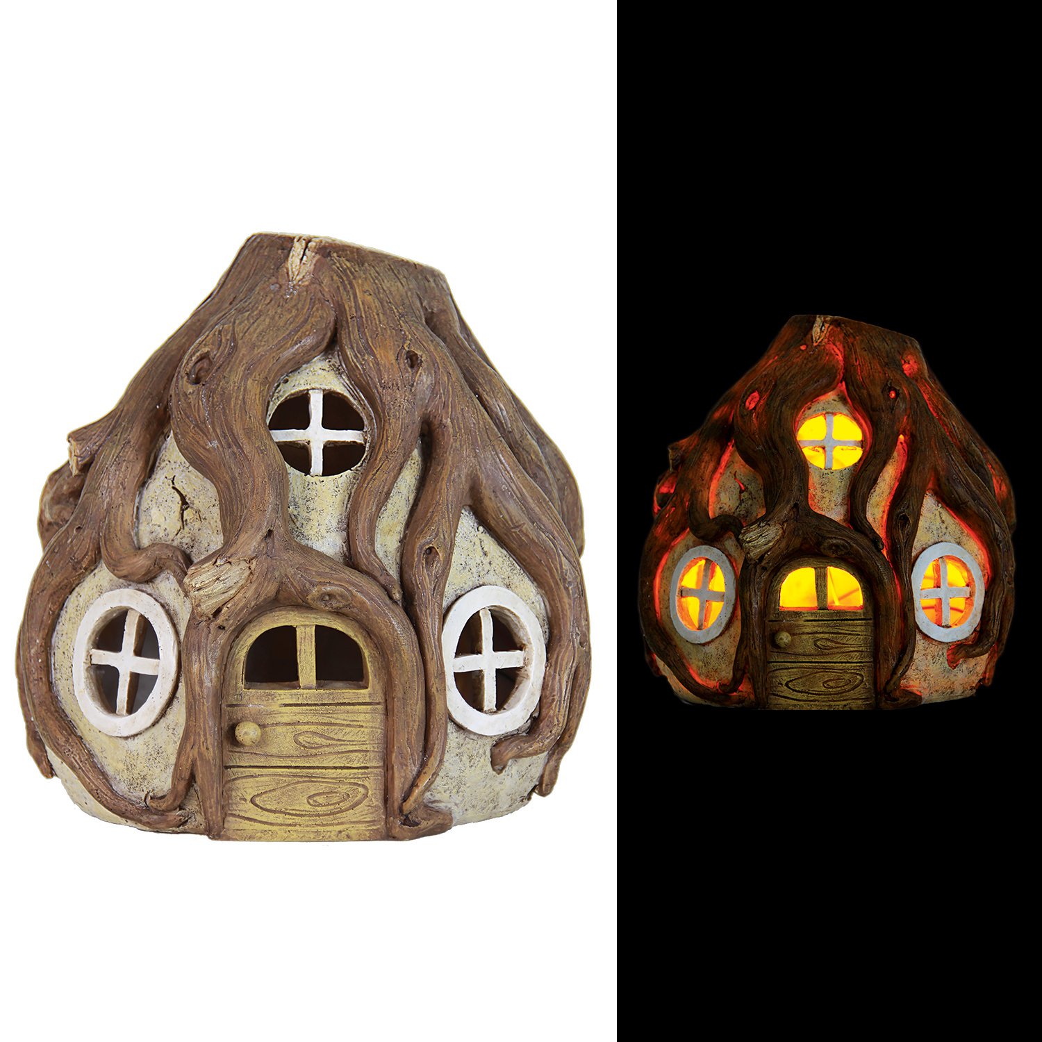 Exhart EX54018 Solar-Powered Tree Root House Decor - 8.75 Inch Outdoor Garden Ornament for Yard, Patio & Lawn Decorations | Perfect for Fairy Gardens, Backyard Landscaping & Nature-Themed Displays