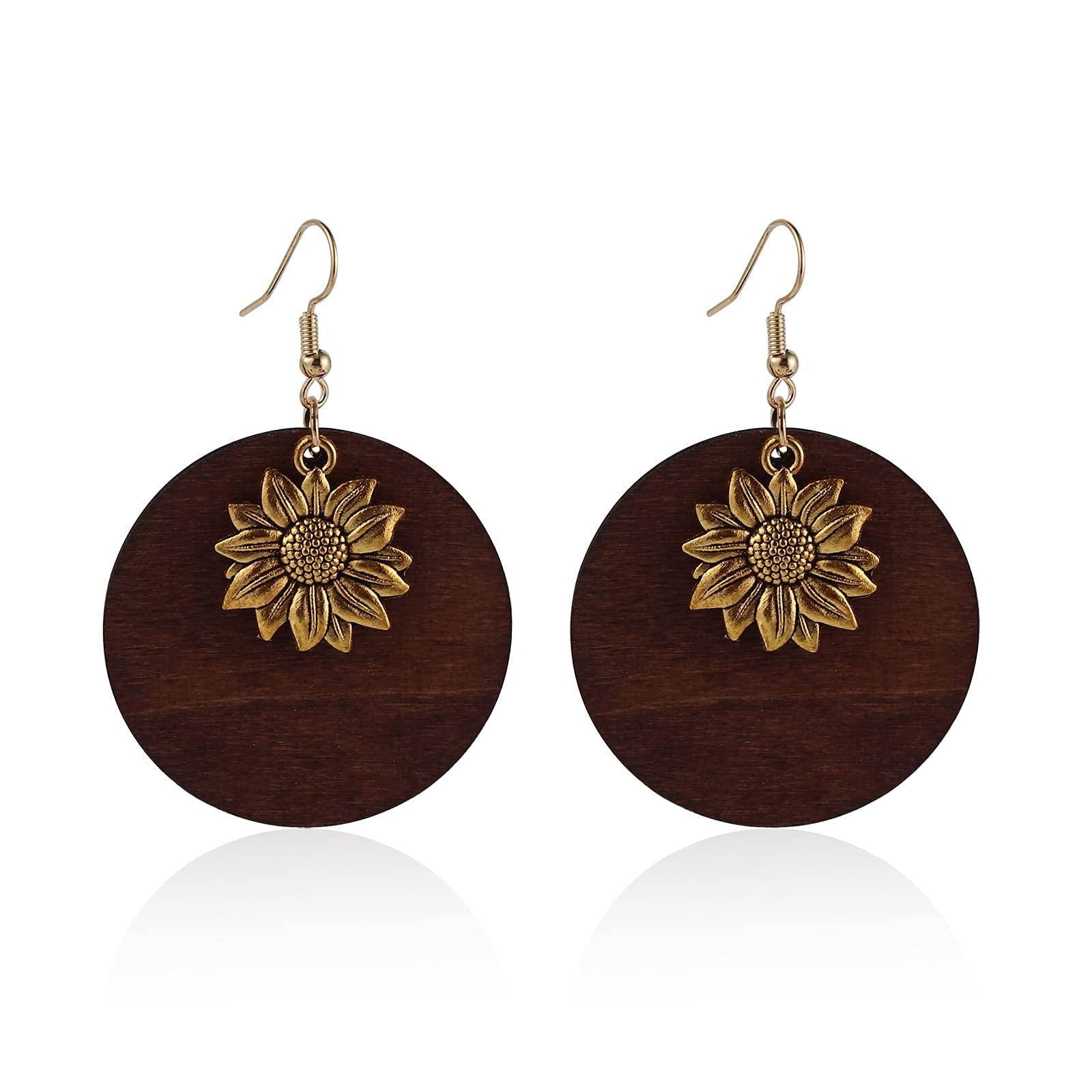 Bohemian Sunflower Drop Earrings - Handmade Wooden Dangle Earrings for Women | Vintage Floral Geometric Wood Jewelry | Perfect Gift for Women & Girls | Great for Summer Festivals, Weddings & Boho Outfits