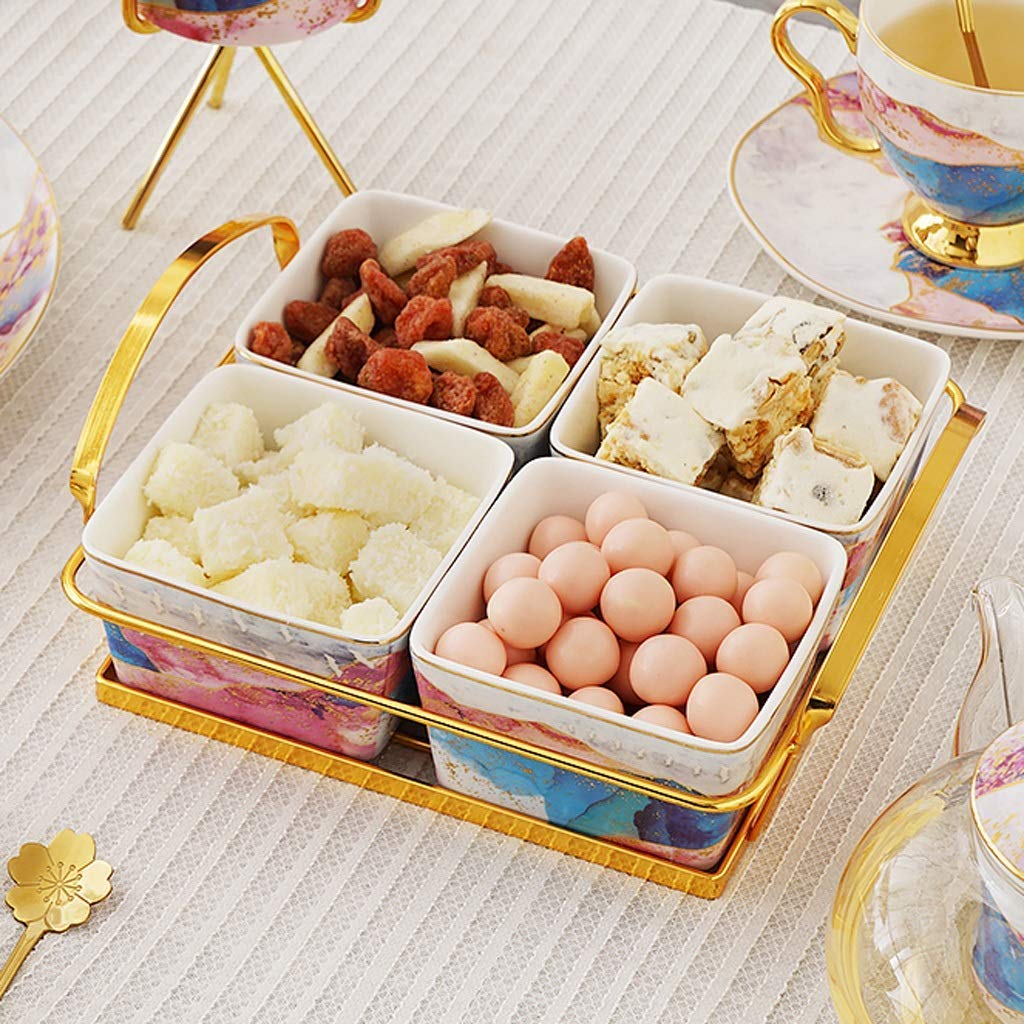 Ceramic Grid Plate Set - 10-Inch Dinner Plates & 6-Inch Appetizer Plates with Bracket - Durable Snack Bowls for Fruits, Nuts, Pastries - Perfect for Home, Restaurant & Gift Use (Set of 4)