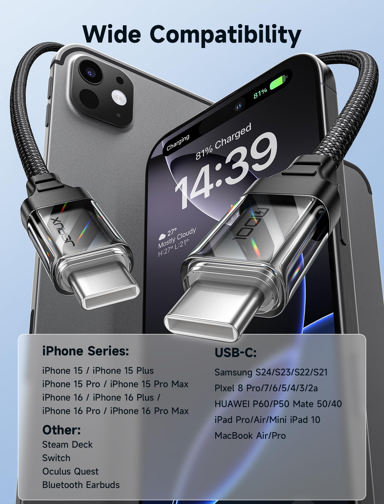 JSAUX 100W USB C to USB C Fast Charging Cable 2-Pack (10FT) - Compatible with iPhone 16/16 Pro/16 Plus/16 Pro Max, iPhone 15 Series, iPad, MacBook, Galaxy S24/S23, Pixel - High Speed Charger for Home, Office & Car Play (Black)