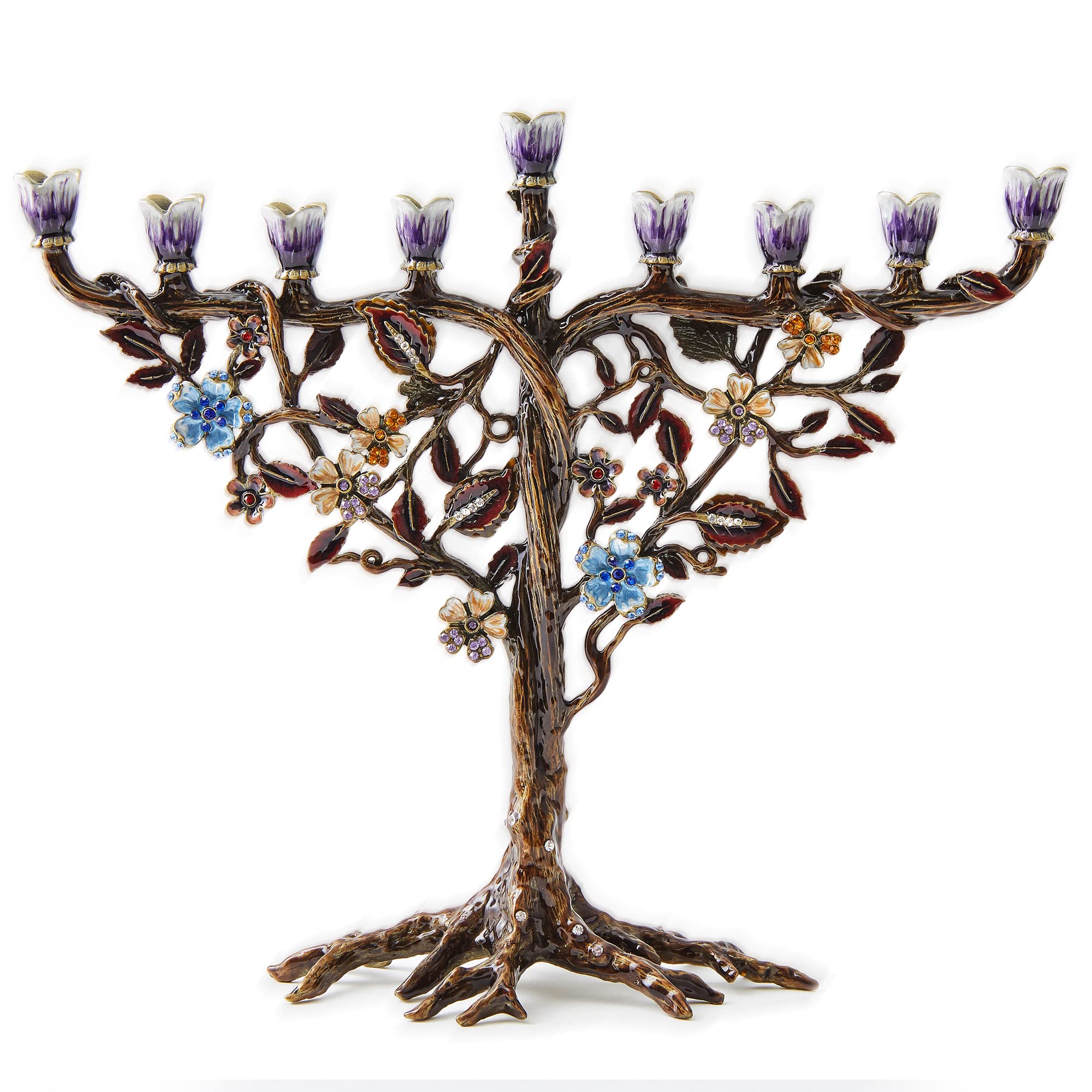 Hand Painted Jewish Menorah Candle Holder - Metal Hanukkah Candelabra with Crystal Embellishments & Floral Vine Design - Fits 9mm (5/16