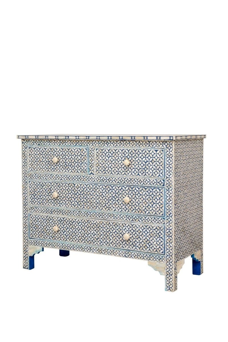 Handmade Bone Inlay Dresser with 4 Drawers - Blue Vintage Storage Cabinet for Bedroom, Living Room & Entryway Organization