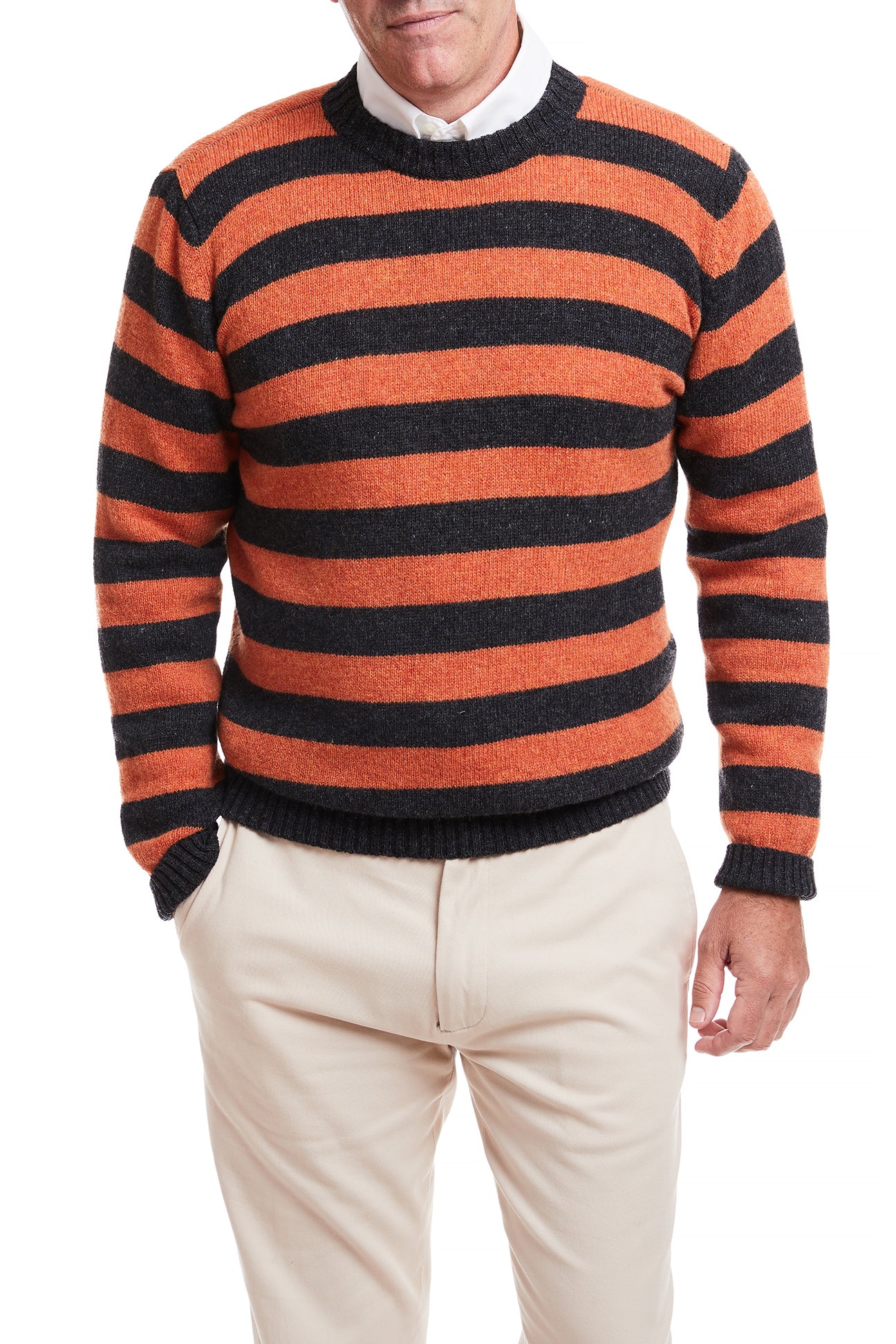 Shetland Wool Crewneck Sweater - Grey & Burnt Orange Striped Knitwear for Men & Women | Cozy Winter Pullover for Casual Outfits & Holiday Gatherings