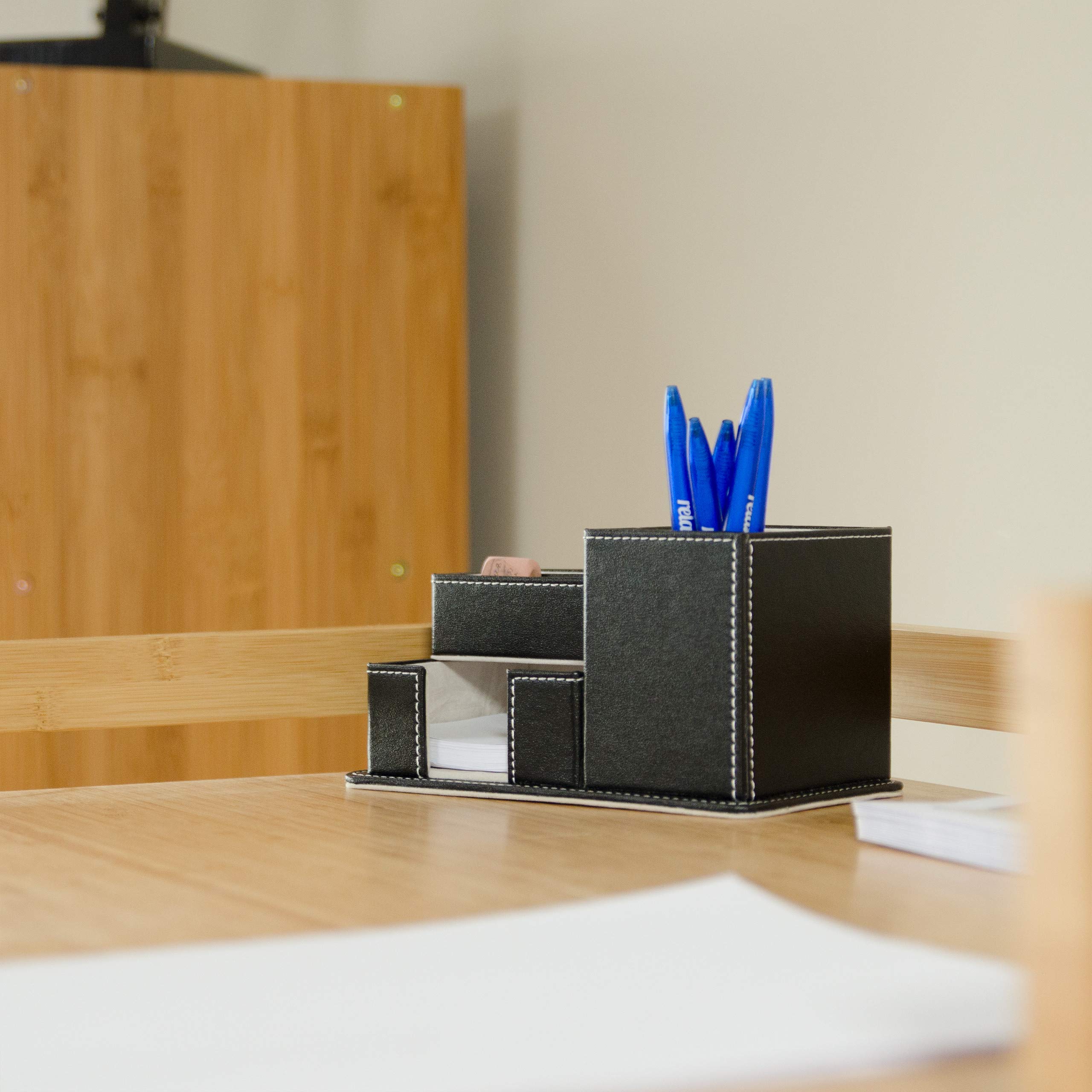 Premium Faux Leather Pen Holder - Stylish Desk Organizer for Pencils, Pens, Memos & Notes - Black Office Stationery Accessory - Perfect for Home Office, School & Workspace Organization