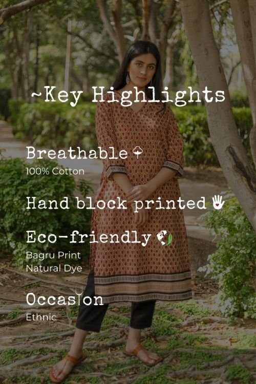 Blushing Betel Bagru Handblock Printed Pure Cotton Kurti for Women | Traditional Indian Tunic Top | Comfortable & Breathable Fabric | Perfect for Festivals, Weddings & Casual Wear