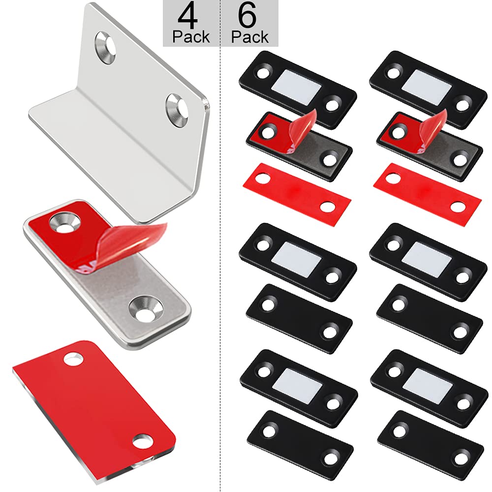 4 Pack L-Shaped Cabinet Magnetic Catches & 6 Pack Ultra Thin Magnet Cabinet Door Catches - Strong Adhesive Drawer Magnets for Kitchen, Closet, Bathroom & Furniture (Black) | Secure Cabinet Latches & Smooth Magnetic Door Closures for Home Organization