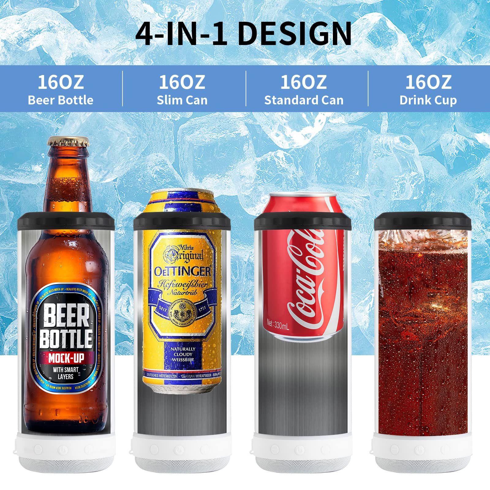 INSTOME 4-in-1 Sublimation Can Cooler with Bluetooth Speaker - 16oz Insulated Music Can Cooler with Detachable LED Light - Perfect for Summer Beach Parties, Poolside Drinks & Outdoor BBQs (White)