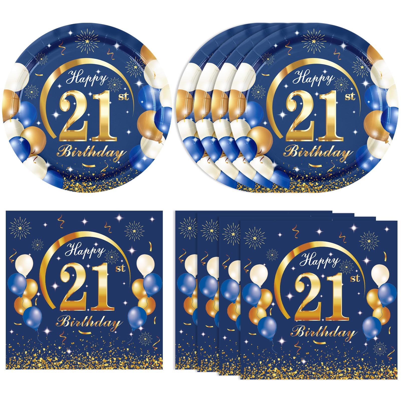 **21st Birthday Party Supplies - Navy Blue & Gold Decorations Set (Plates, Napkins, Banners) for Men, Women, Boys & Girls - Perfect for 21st Birthday Celebrations, Milestone Parties & Adult Themed Events**
