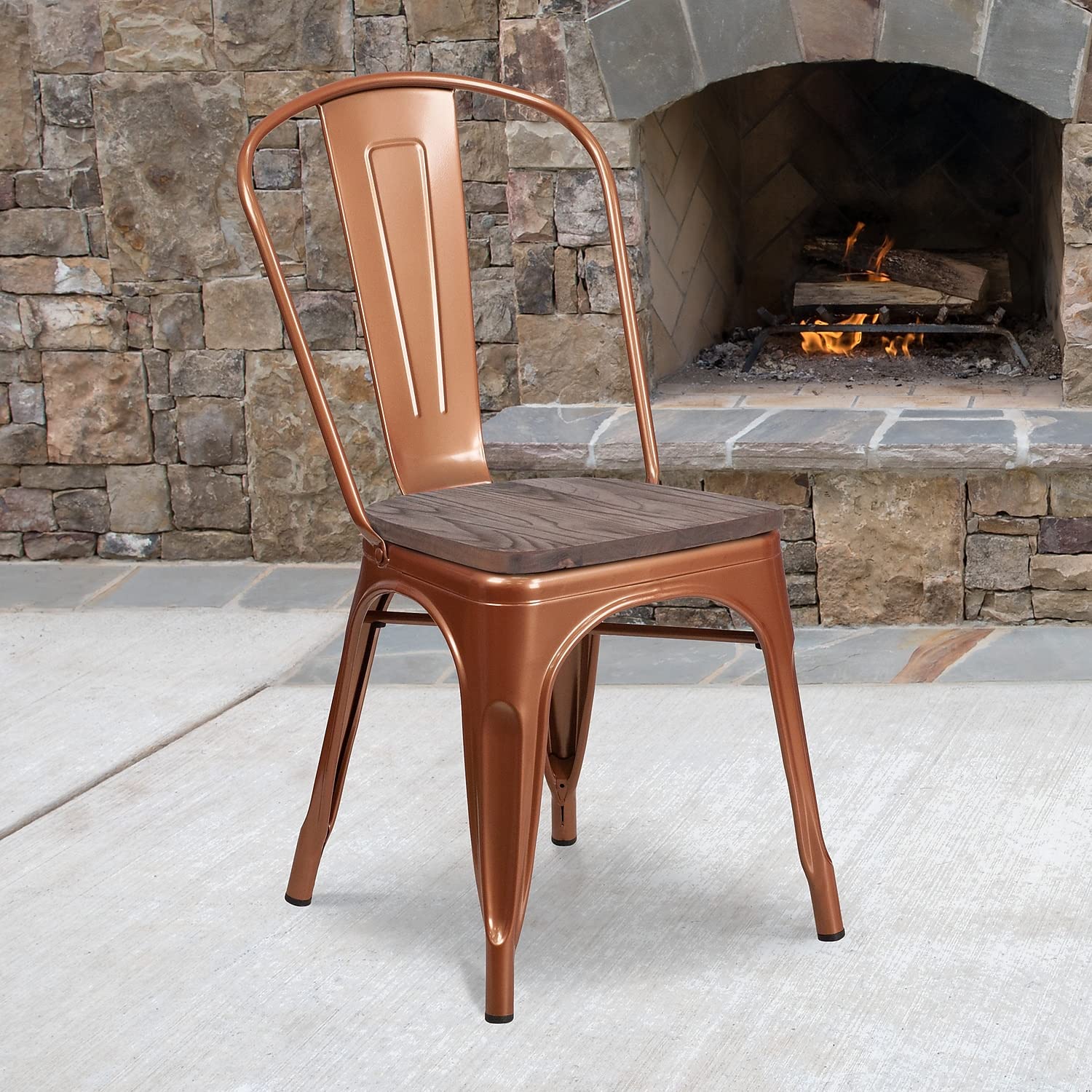 Flash Furniture Tenley Copper Metal Stackable Chair with Wood Seat - Sturdy Dining & Office Chair for Home, Restaurant, and Outdoor Use