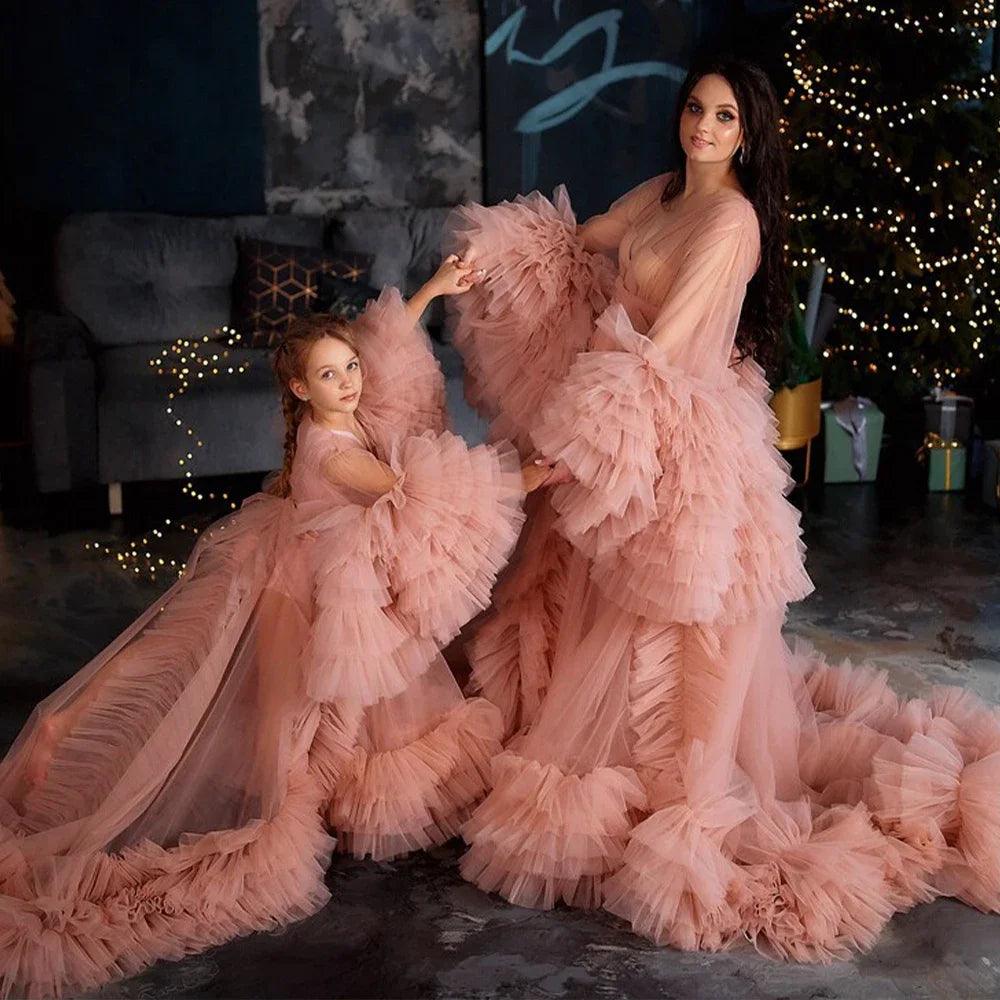 Elegant Mother Daughter Puffy Tulle Photoshoot Dresses - Matching Formal Gowns for Wedding, Birthday Party & Family Portraits