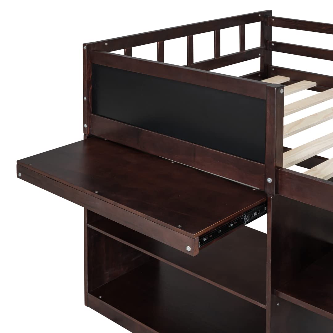 Twin Size Loft Bed with Rolling Desk & Storage - Low Loft Bed Frame with 2 Drawers, Open Shelves & Blackboard for Kids - Space-Saving Wood Bed for Boys & Girls (Espresso) - Perfect for Small Bedrooms, Dorm Rooms & Kids' Study Areas