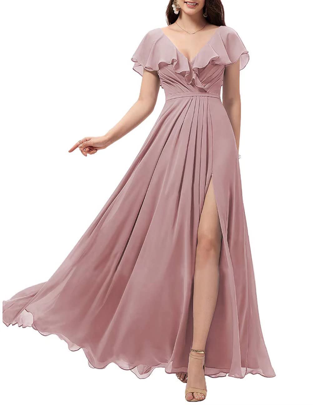 SoDigne Women's Elegant Ruffle Sleeve V-Neck Long Chiffon Bridesmaid Dress with High Slit - Perfect for Evening Parties, Weddings & Formal Events