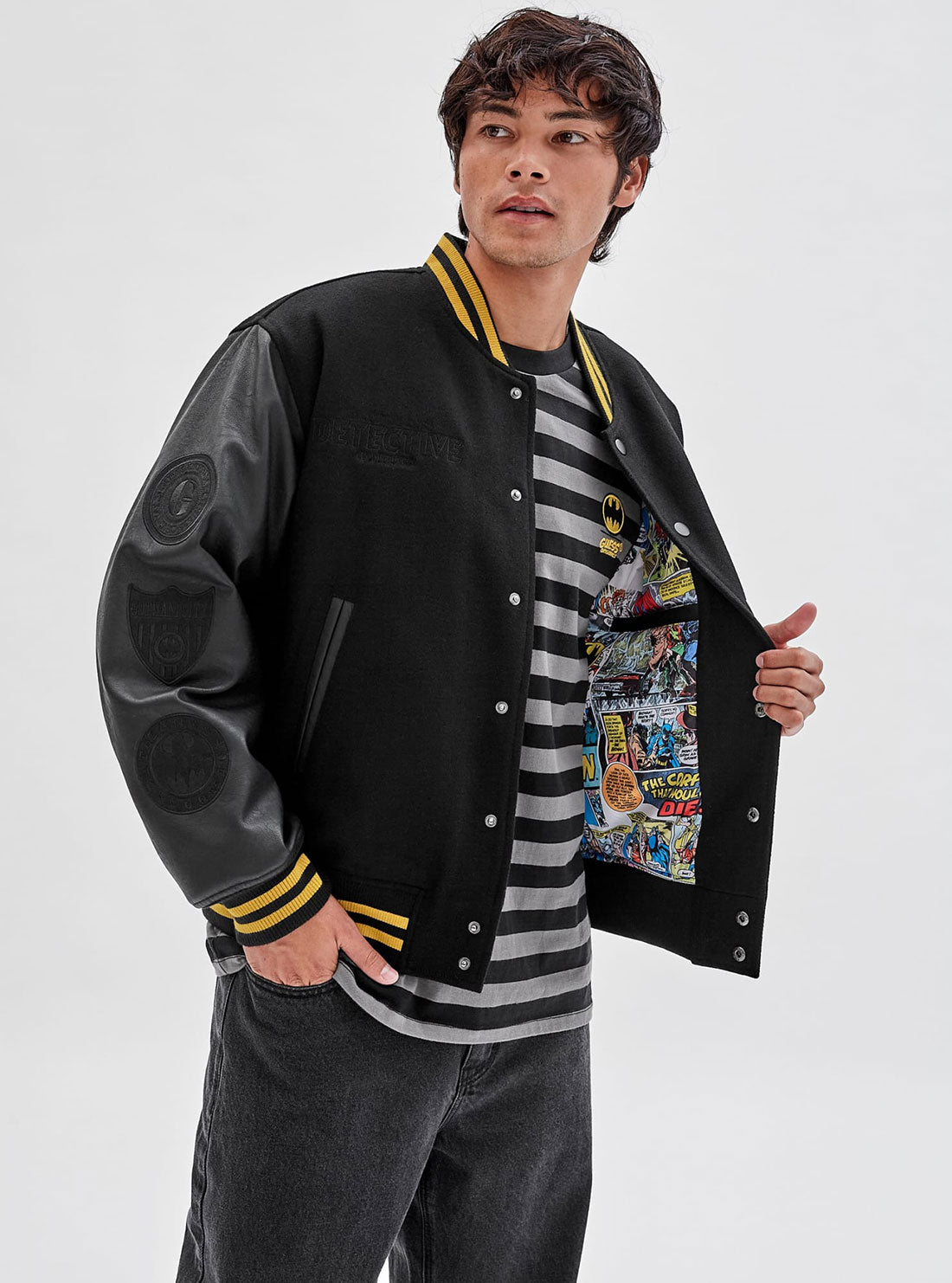 Guess Originals x Batman Black Letterman Jacket - Vintage Style Varsity Jacket for Men & Women - Perfect for Cosplay, Halloween, and Superhero Fans