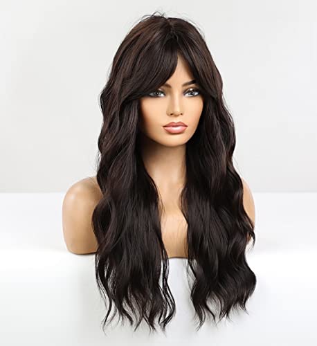 Dark Brown Wavy Wig with Blunt Bangs - Natural Looking Synthetic Hairpiece for Women | Perfect for Cosplay, Halloween Costumes & Daily Fashion Styling