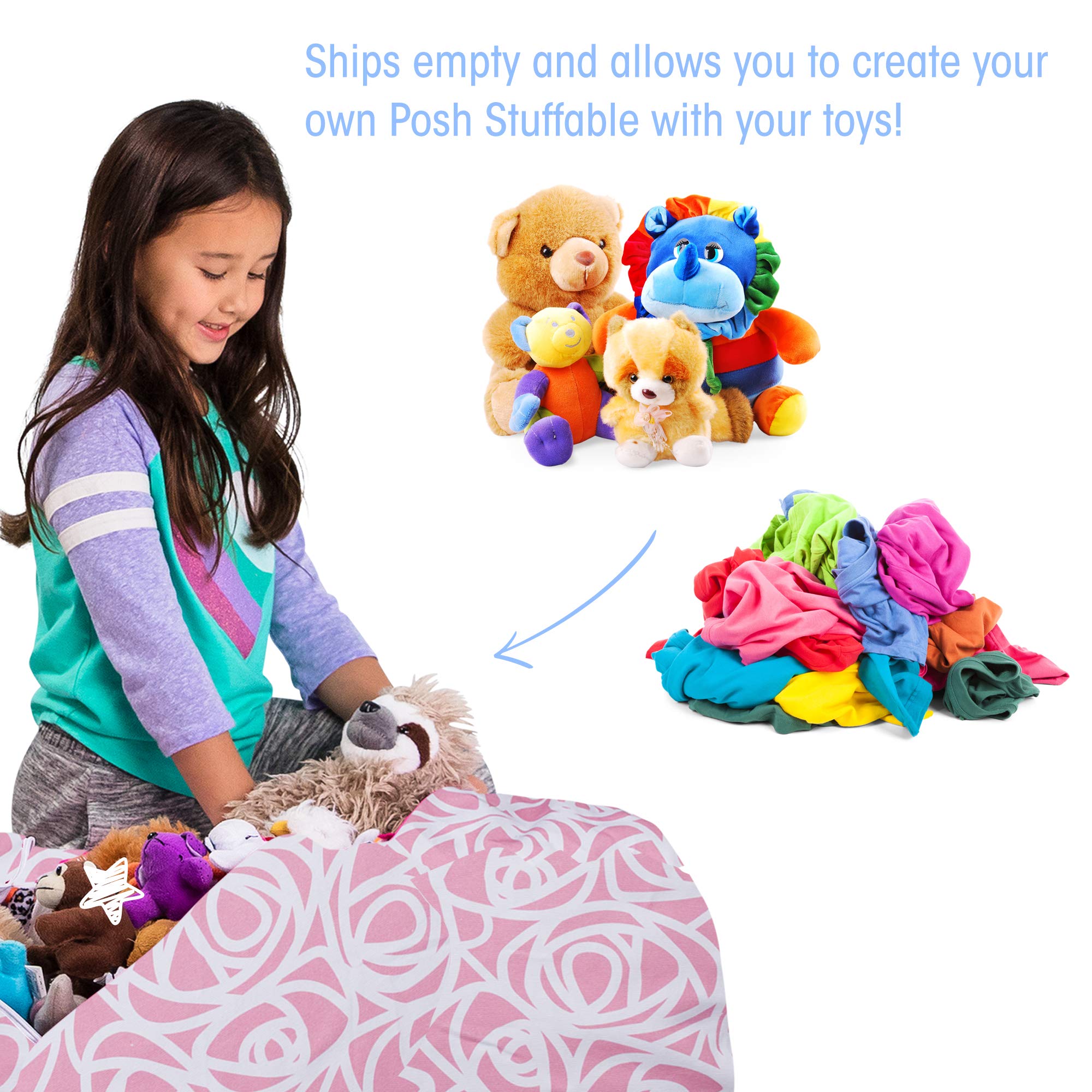 Posh Creations Kids Stuffed Animal Storage Bean Bag Chair Cover - Large 38in Toy Organizer for Children, Pink Canvas Roses Design - Perfect for Nursery, Playroom & Bedroom Organization