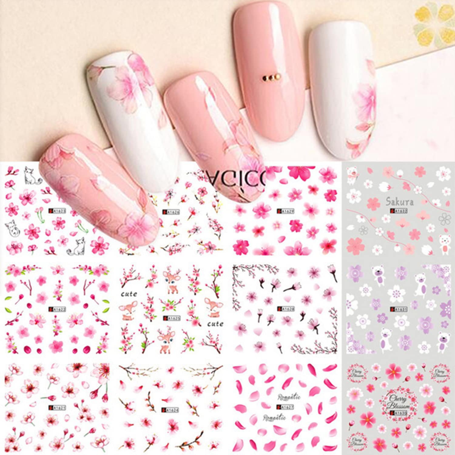 Cherry Blossom Nail Stickers - Holographic Floral Water Transfer Decals for DIY Nail Art | Pink Flower Nail Designs for Women | Manicure Supplies & Acrylic Nail Decorations | Perfect for Spring Nails, Bridal Parties & Salon Use