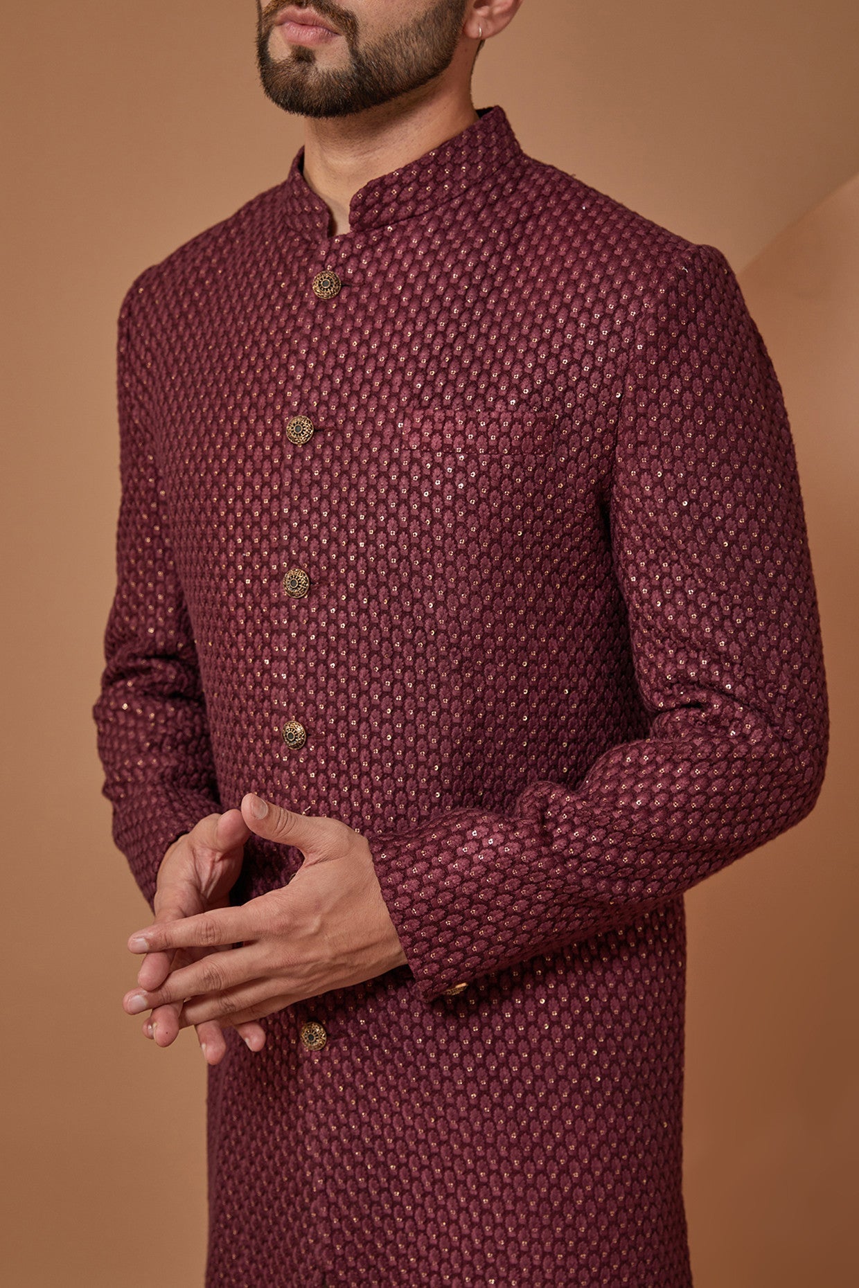 Elegant Maroon Wine Embroidered Sherwani for Men | Traditional Indian Wedding Attire | Perfect for Groom Outfit, Festivals & Special Occasions