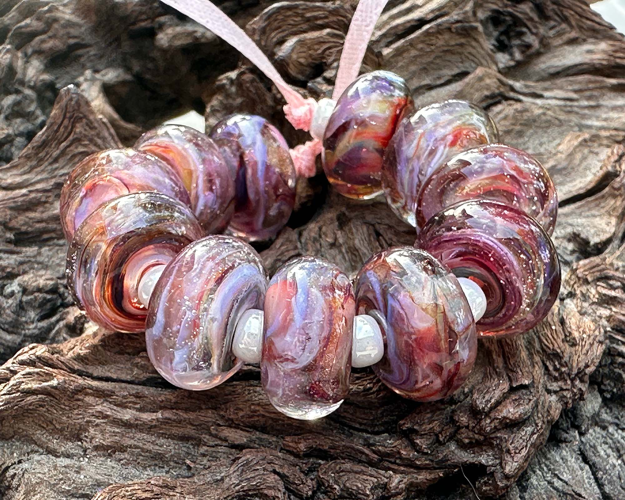 11 Pink Sunset Swirl Lampwork Glass Beads Set for Jewelry Making - DIY Bracelet, Necklace & Craft Projects - SRA Certified Artisan Beads