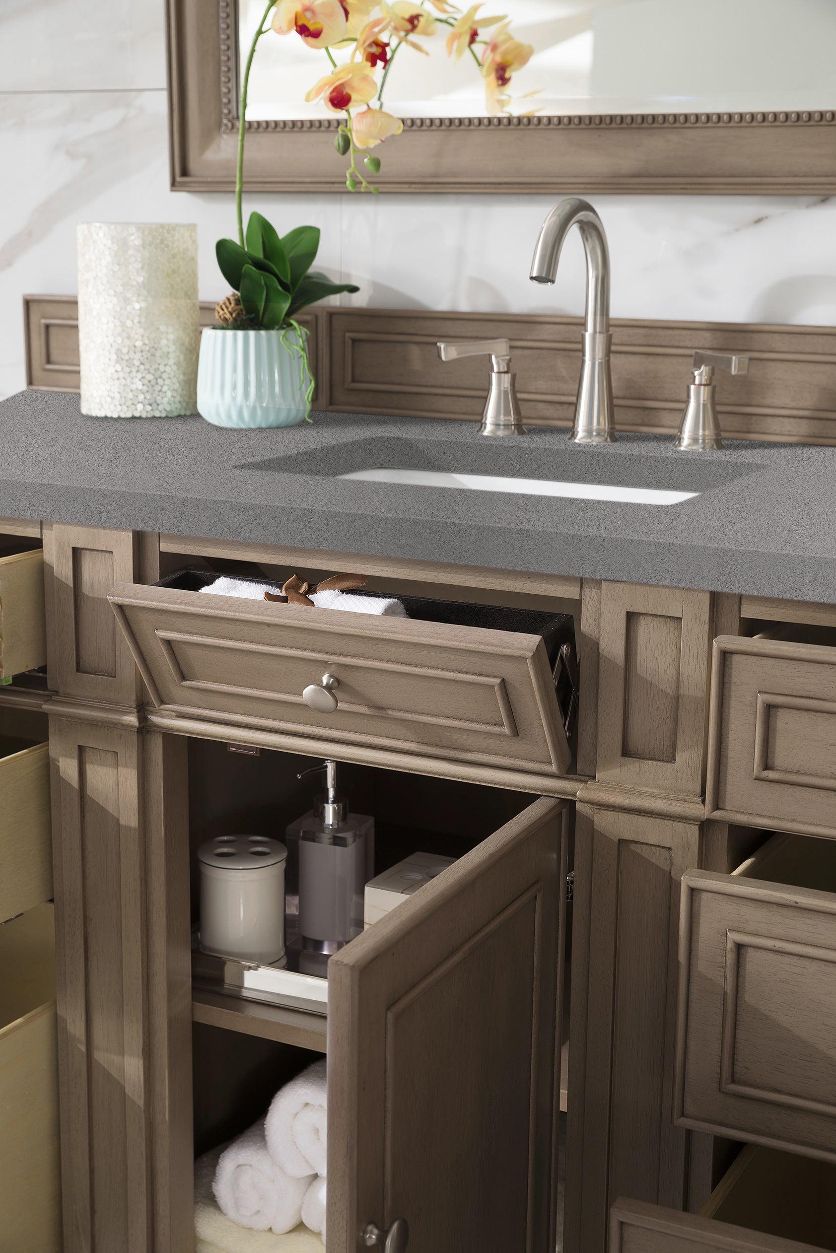 Bristol 60 Inch Single Bathroom Vanity Set - Whitewashed Walnut Finish with 3CM Gray Expo Quartz Countertop | Perfect for Modern Master Bathrooms & Guest Bathroom Renovations
