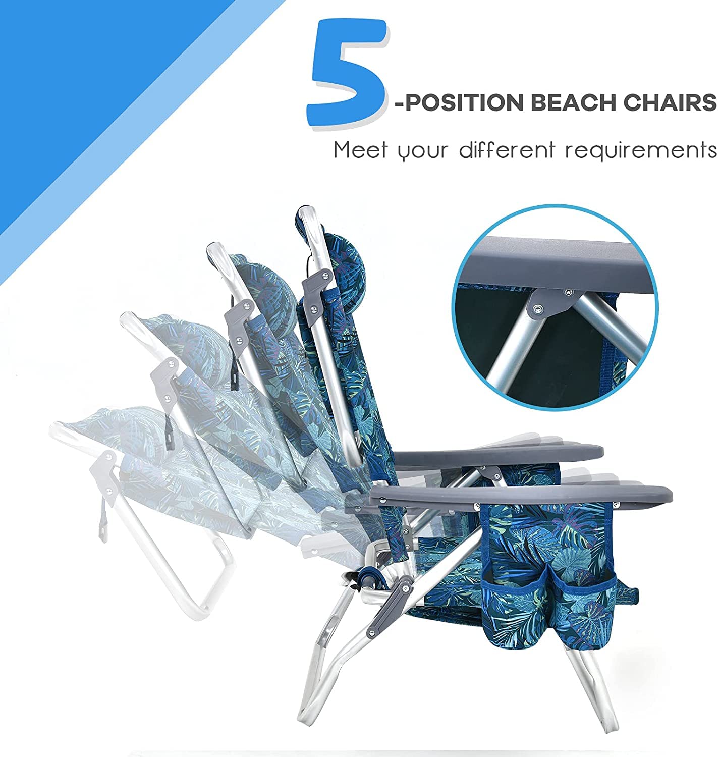 Goplus Folding Backpack Beach Chair for Adults - 5-Position Adjustable with Head Pillow, Cooler Bag, Towel Bar & Cup Holders - Portable Sunbathing Lounge Chair for Beach, Poolside, Camping & Outdoor Relaxation