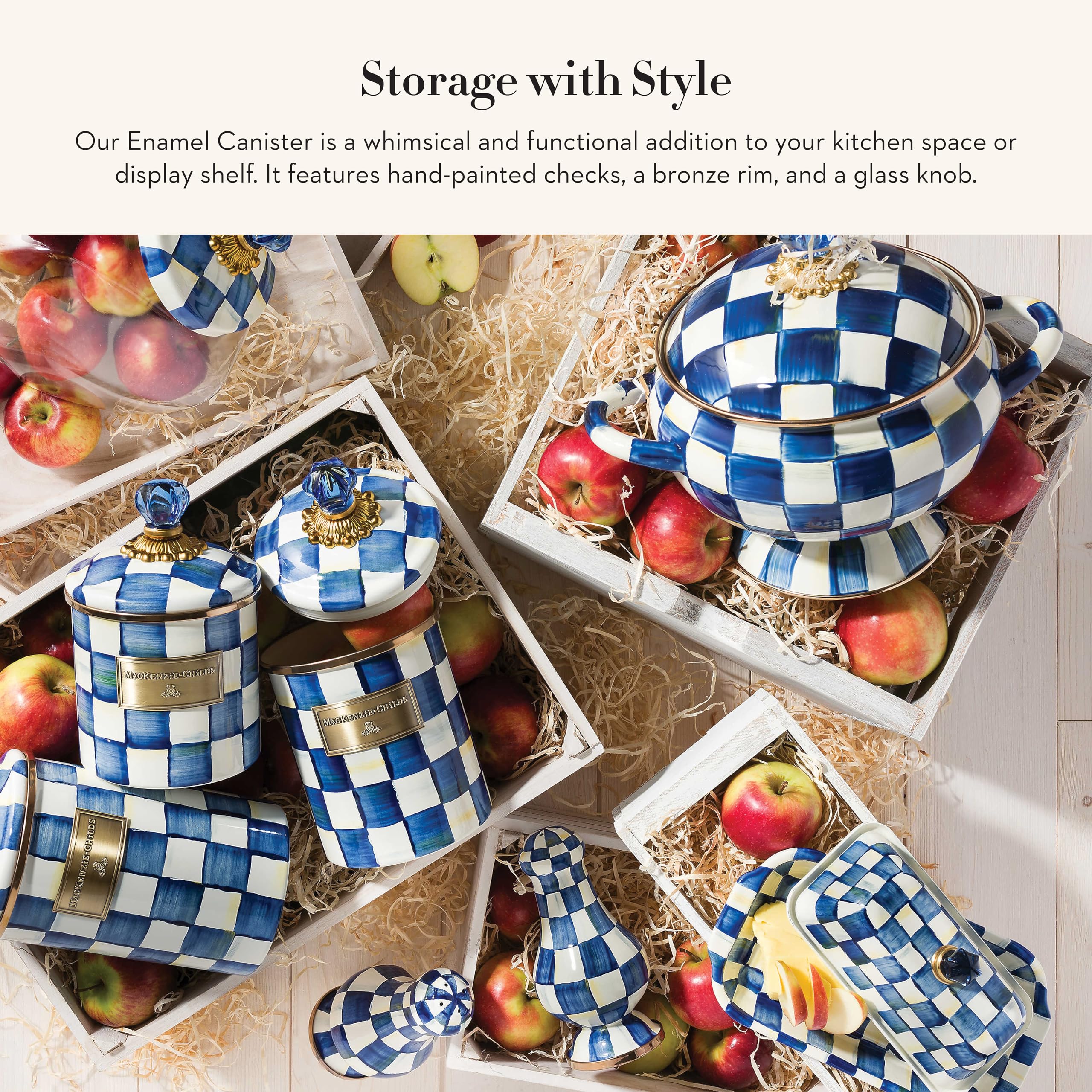 Mackenzie-Childs Small Enamel Canister - 1.13L Kitchen Storage Container for Flour, Sugar, Coffee & Dry Goods - Blue & White Royal Check Design - Perfect for Pantry Organization & Country Style Kitchen Decor