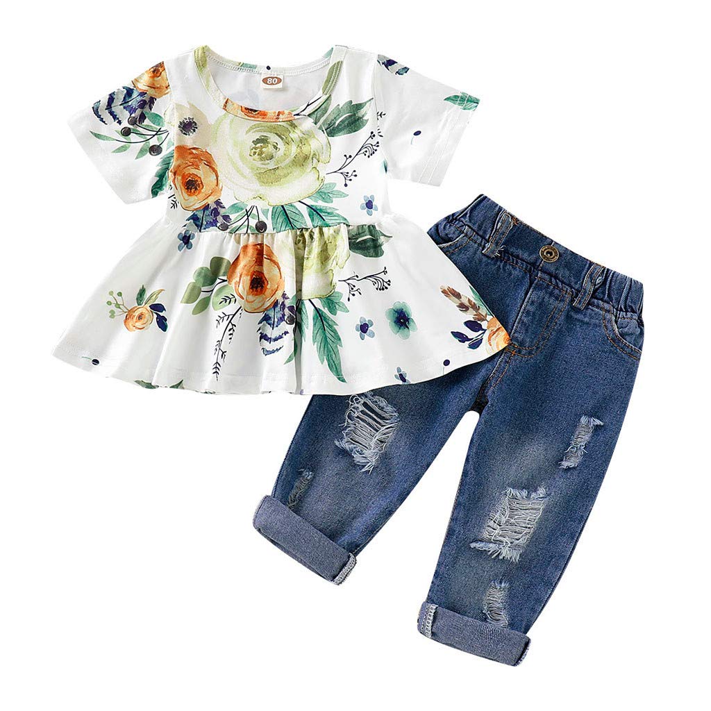**Toddler Baby Girls Clothes Set - Floral Crop Top & Distressed Denim Pants Outfit | Cute Summer Playwear for Toddlers & Preschoolers**