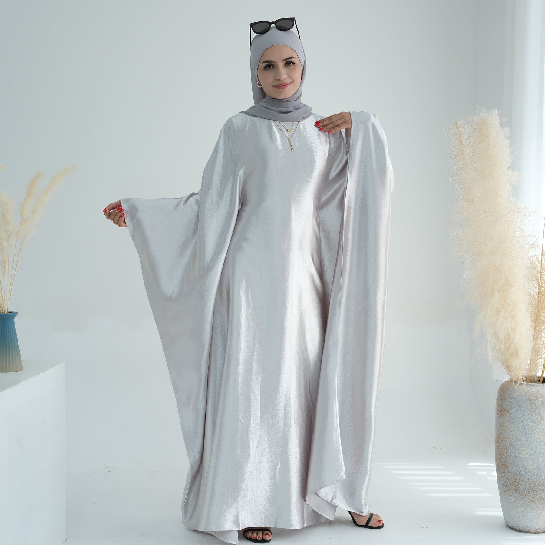 Elegant Alisha Butterfly Satin Abaya Dress for Women - Modest Muslim Prayer Dress - Perfect for Eid, Ramadan, and Special Occasions