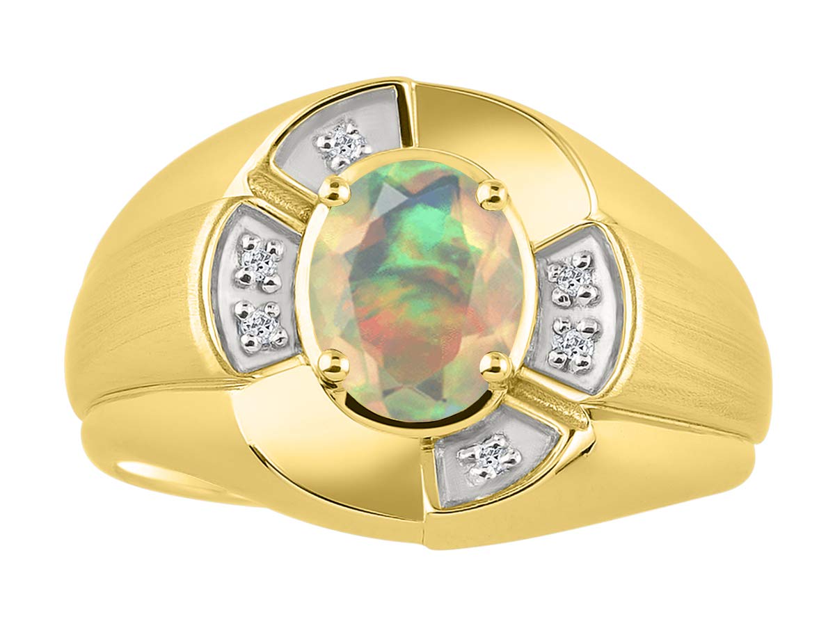 RYLOS Men's Gold Plated Silver Ring with Oval Gemstone & Genuine Diamond - 8x6mm Birthstone Ring for Men (Sizes 7-13) | Elegant Unisex Jewelry for Weddings, Anniversaries & Gifts