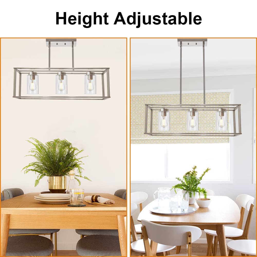 VINLUZ 3-Light Brushed Nickel Linear Chandelier with Clear Glass Shade - Modern Kitchen Island Pendant Light, Farmhouse Dining Room Ceiling Fixture for Living Room, Bar & Restaurant Lighting - Perfect for Home Decor and Commercial Spaces