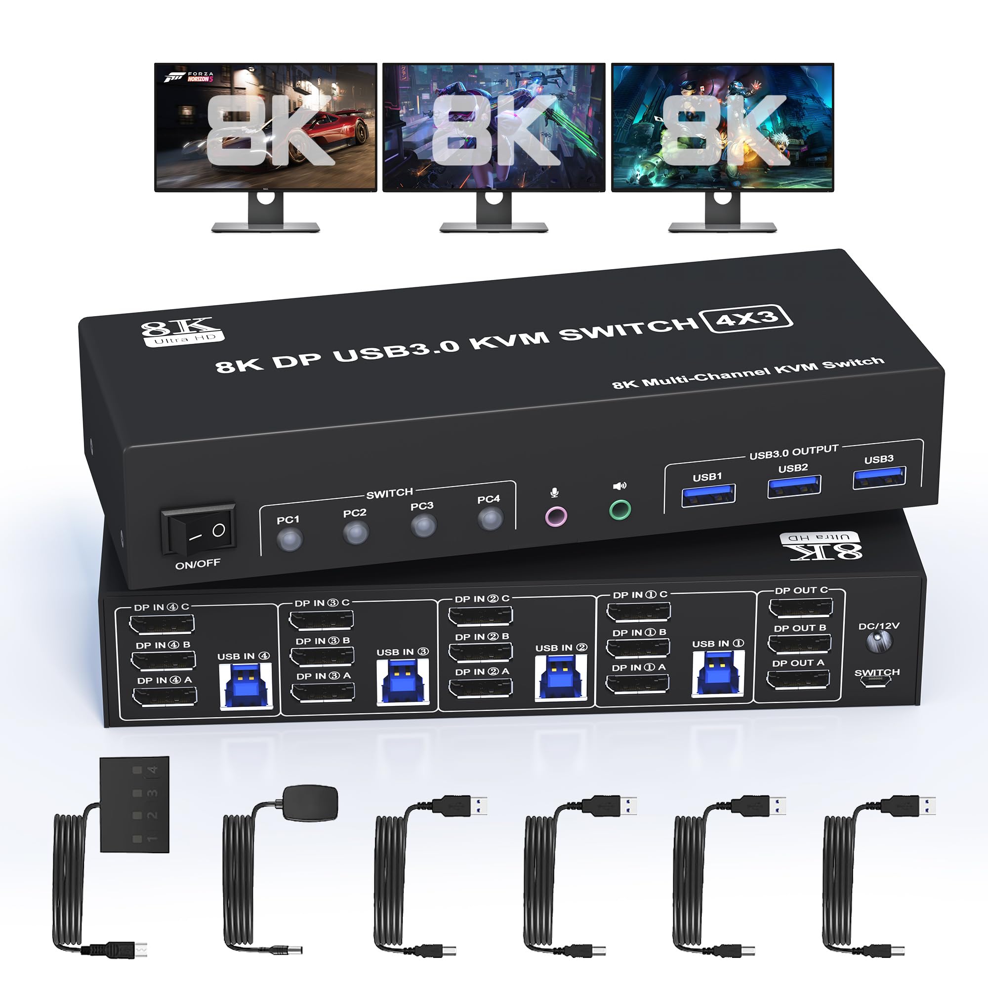 8K @ 60Hz 4K @ 144Hz Triple DisplayPort KVM Switch for 4 Computers & 3 Monitors - USB 3.0 Hub with Audio/Mic Support - Perfect for Multi-PC Gaming, Trading & Office Workstations