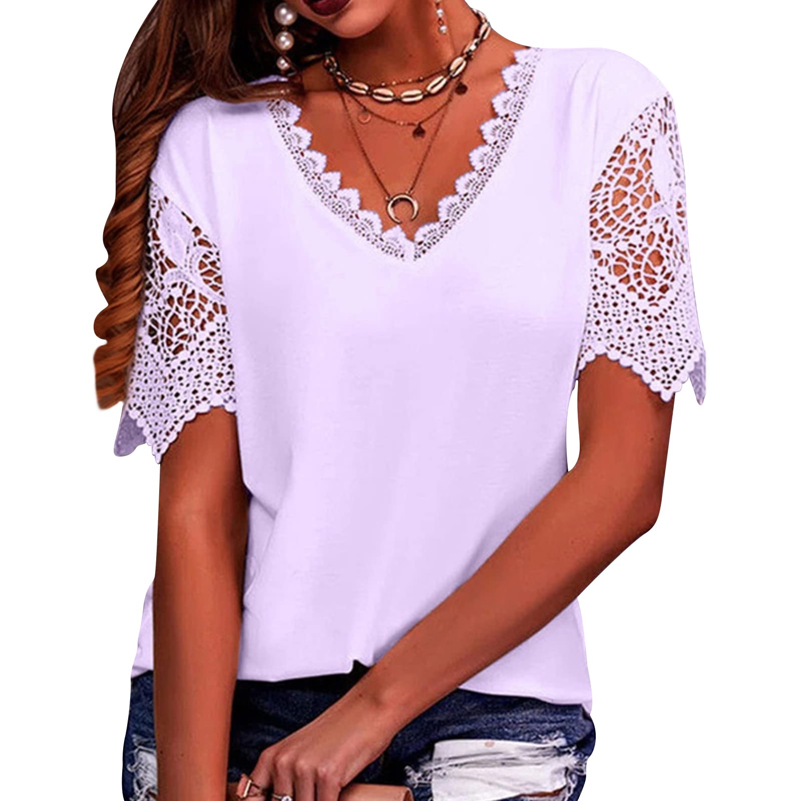 Women's Summer Lace Trim T-Shirt - Casual Crochet Hollow V-Neck Short Sleeve Top | Perfect for Beach Outings, Date Nights & Summer Fashion