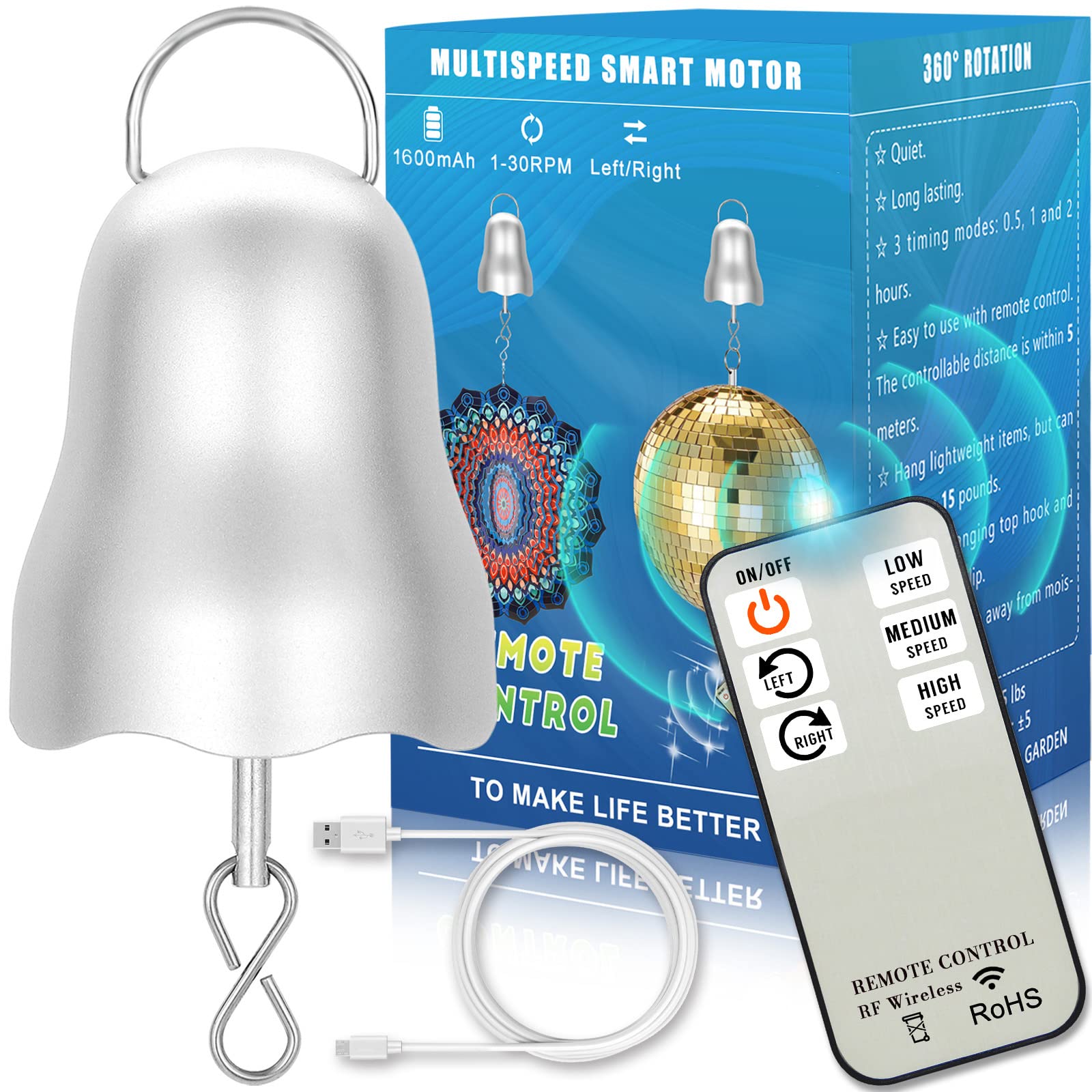 Disco Ball Motor - 1600mAh Battery Powered Slow Rotating Mirror Ball Motor (1-30 RPM) with Remote Control - Perfect for Baby Crib Mobiles, Wind Spinners & Decorative Spinning Ornaments