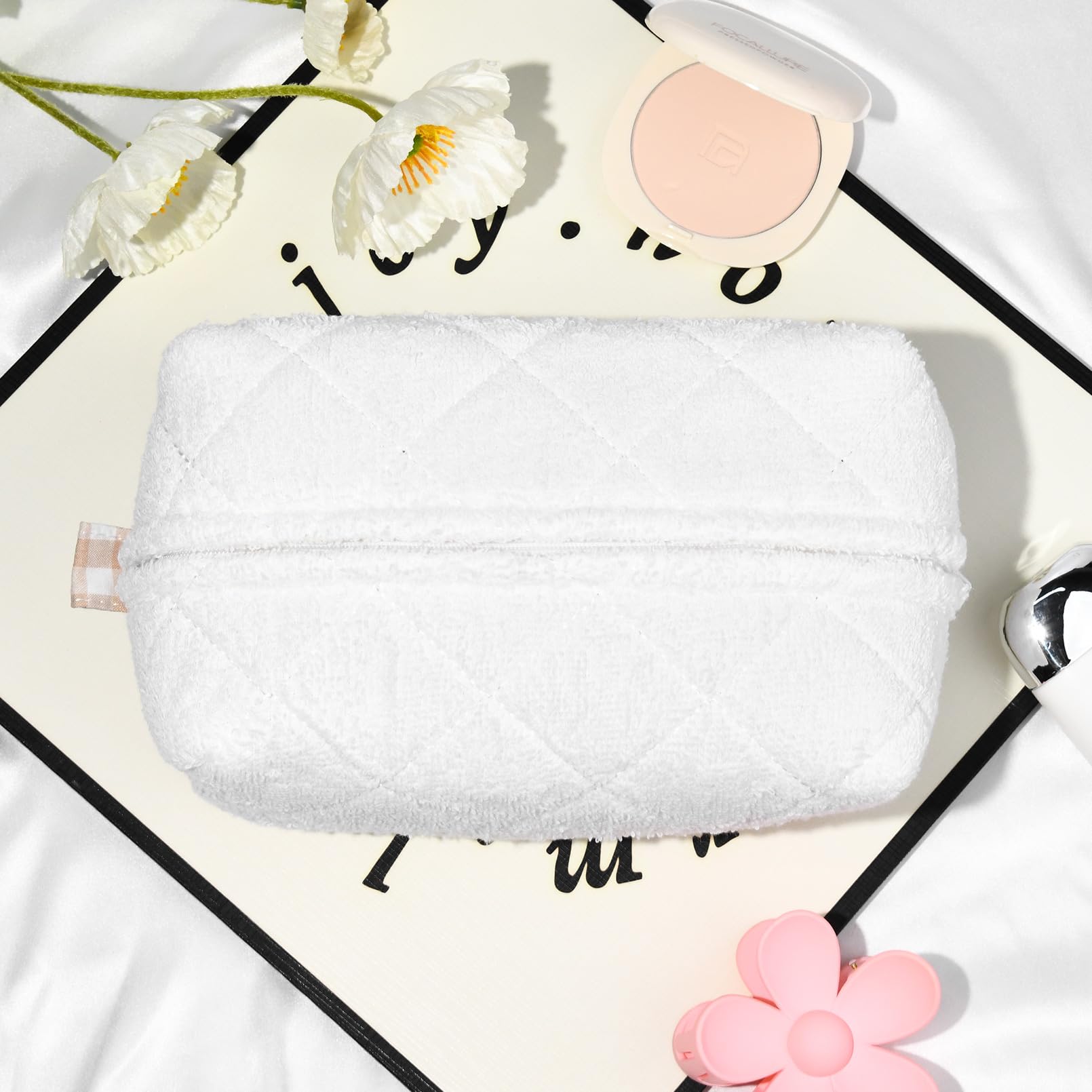 Terry Quilted Cosmetic Bag | Puffy Coquette Makeup Pouch | Aesthetic Cotton White Travel Toiletry Organizer | Makeup Brushes Storage Bag for Women | Perfect for Travel, Gym & Daily Beauty Essentials