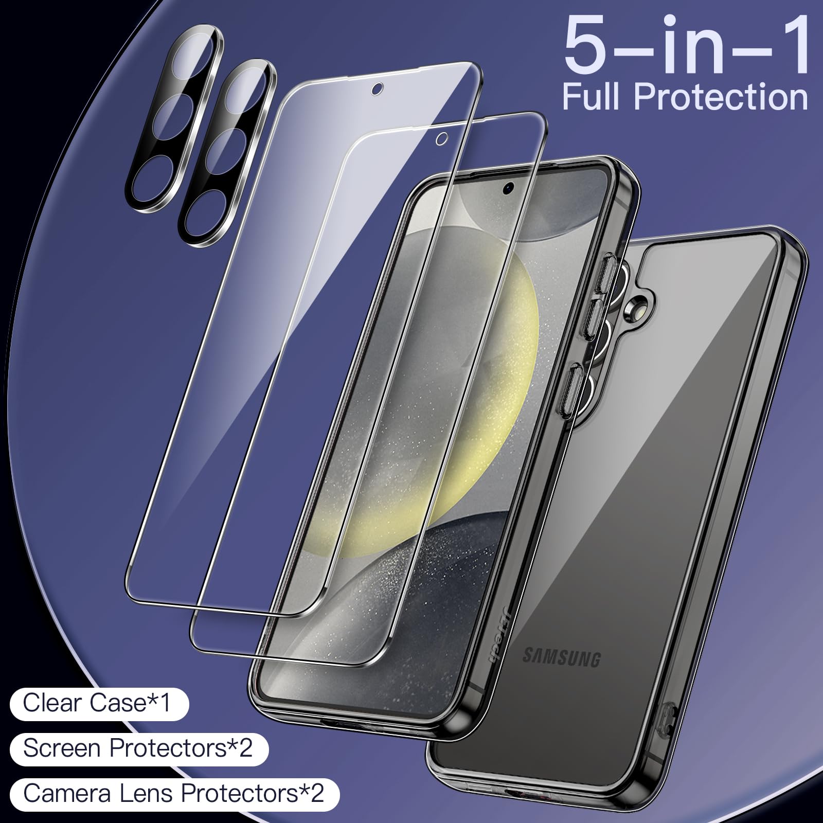 JETech 5-in-1 Protective Case for Samsung Galaxy S24+ / S24 Plus 5G - Includes 2 Tempered Glass Screen Protectors & Camera Lens Protector | Shockproof, Non-Yellowing Bumper Phone Cover (Black) | Perfect for Daily Use, Travel & Outdoor Activities