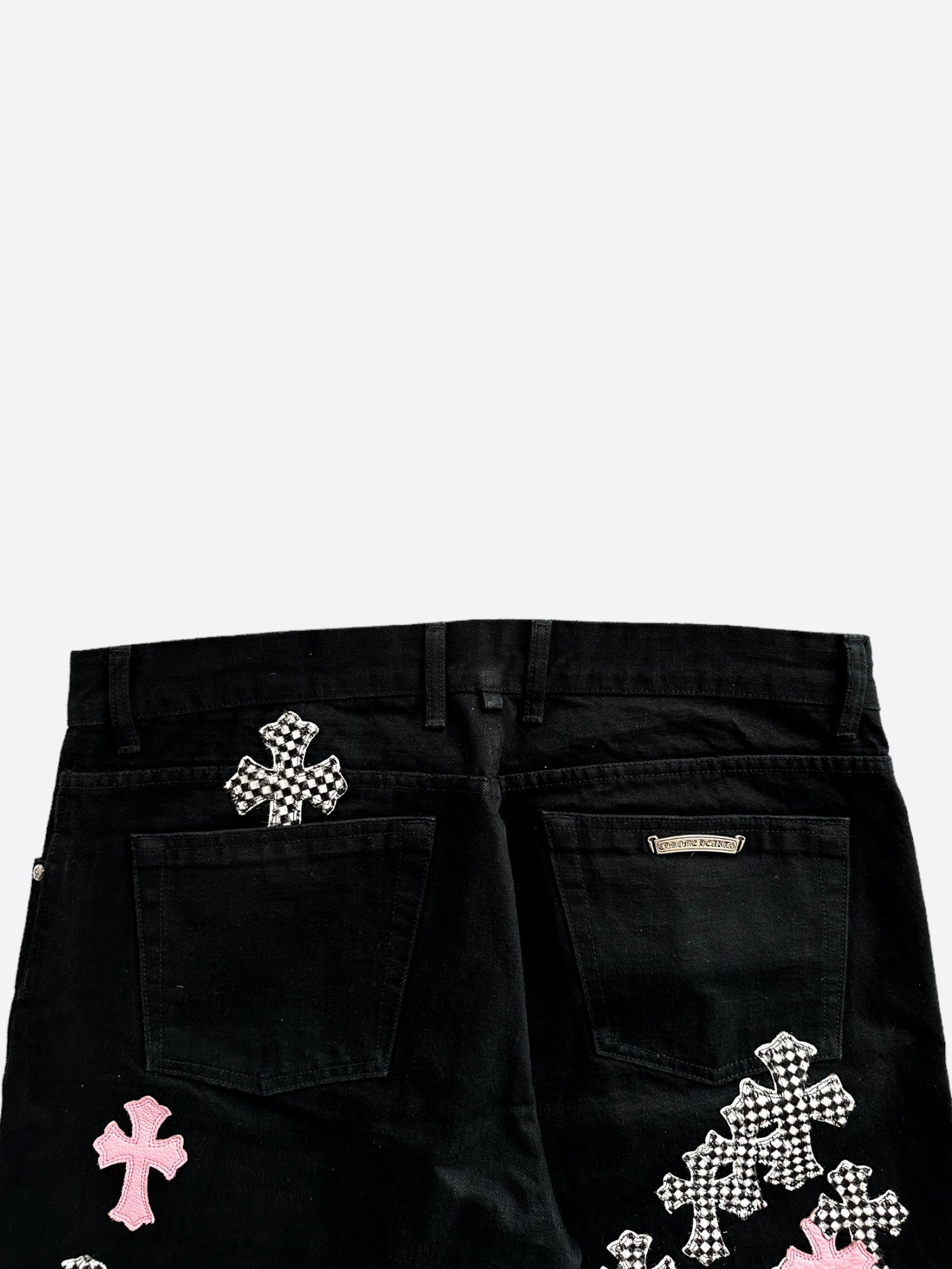 Chrome Hearts Black Pink & Checkered Cross Patch Fleur Distressed Denim Jeans for Women - Edgy Streetwear & Punk Fashion Outfits