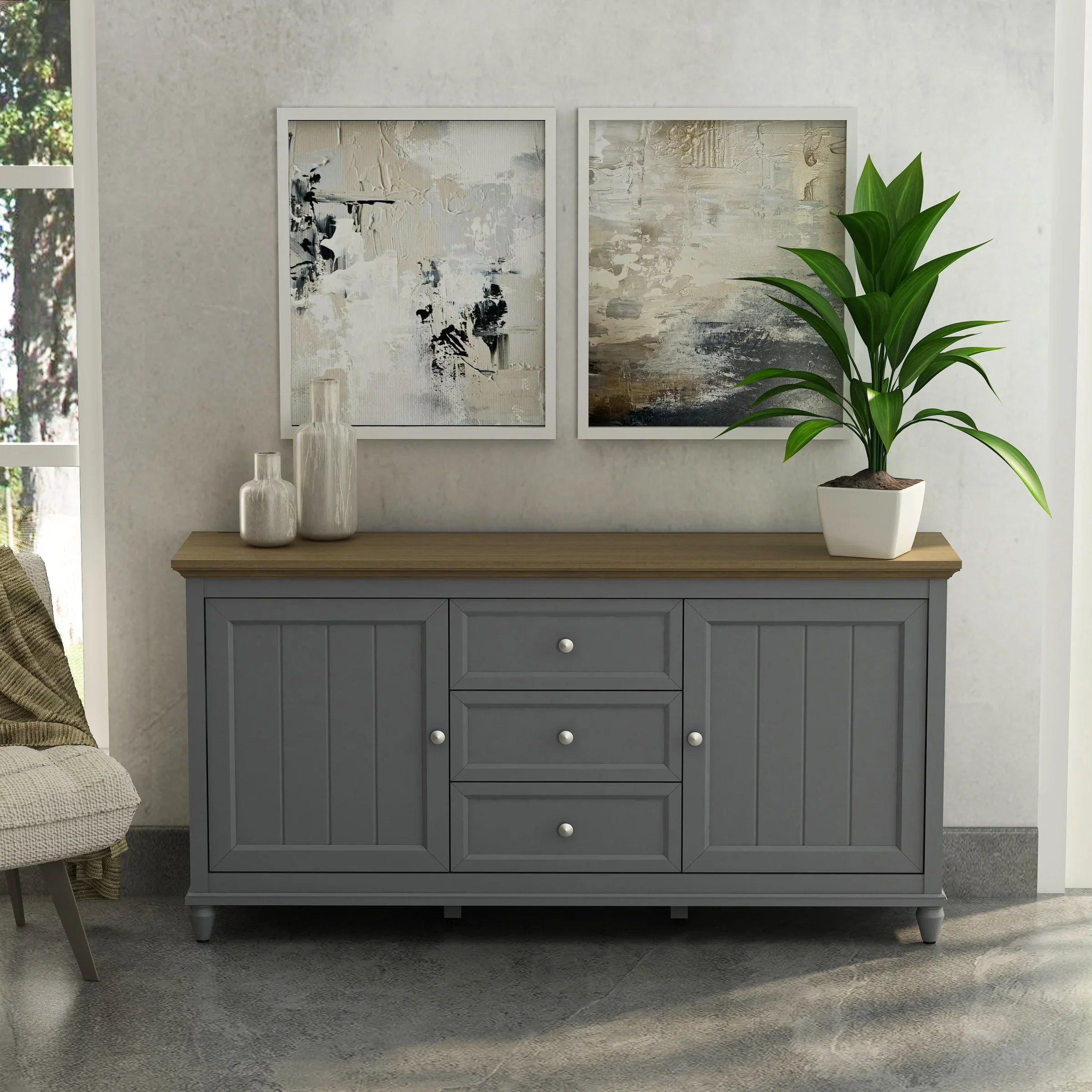 Anderson Teak Chenon Sideboard Grey/Brown - Solid Teak Wood Buffet Cabinet with 2 Drawers & 2 Doors - SB CG 6316 - Perfect for Dining Room Storage & Living Room Organization