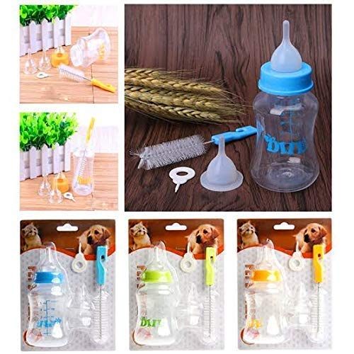 SR VISION Durable 150ML Plastic Pet Milk Feeder Bottle with Long Handle Brush & Nipple Set - Ideal for Puppies & Small Dogs - Drinking Water & Milk - Easy to Clean - Multicolor (Pack of 1) - Perfect for Newborn Pets, Travel & Home Use
