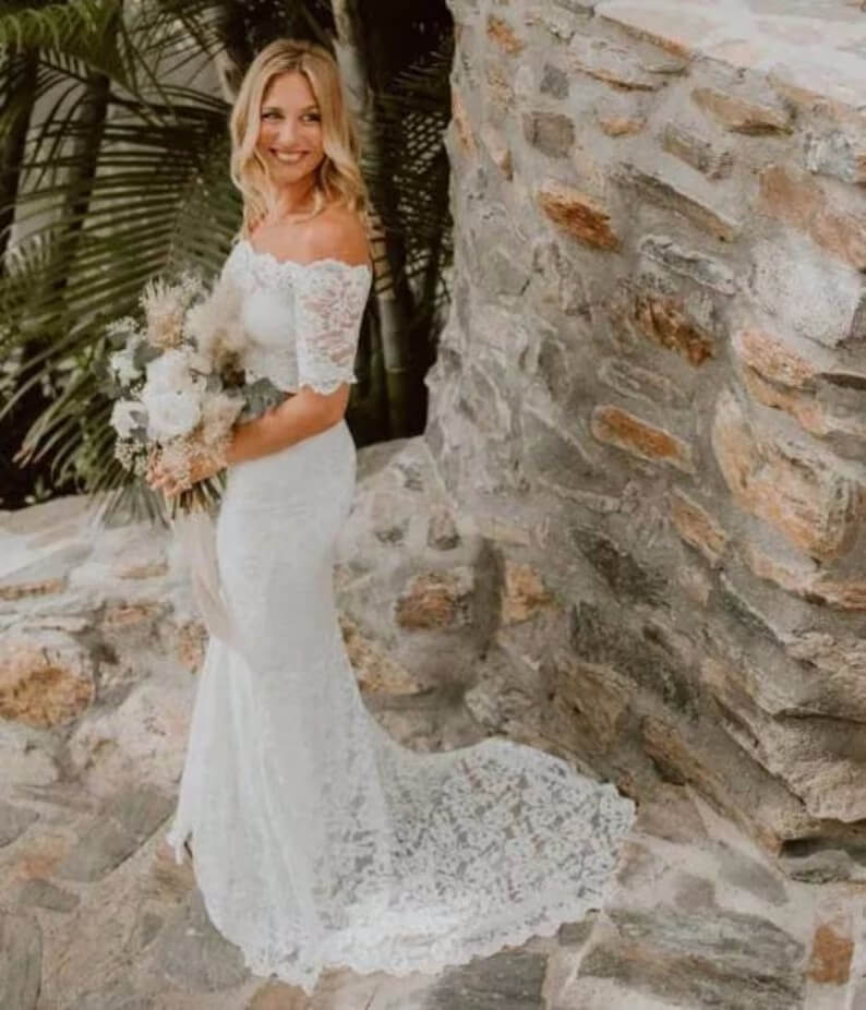 Off the Shoulder 2 Piece Lace Beach Wedding Dress - Summer Bridal Gown with Short Sleeves for Beach Ceremony, Destination Wedding & Boho Photoshoot