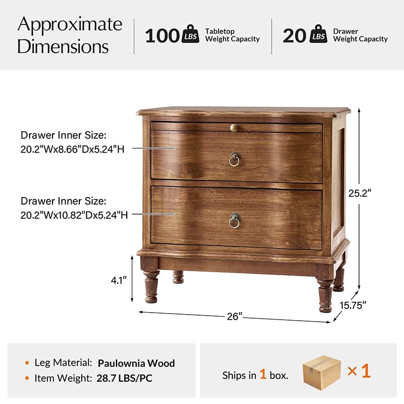 Solid Wood 2 Drawer Nightstand with USB Charging Ports, Pull-Out Shelf & Optional Styles - Modern Bedside Table for Bedroom, Guest Room & Small Spaces