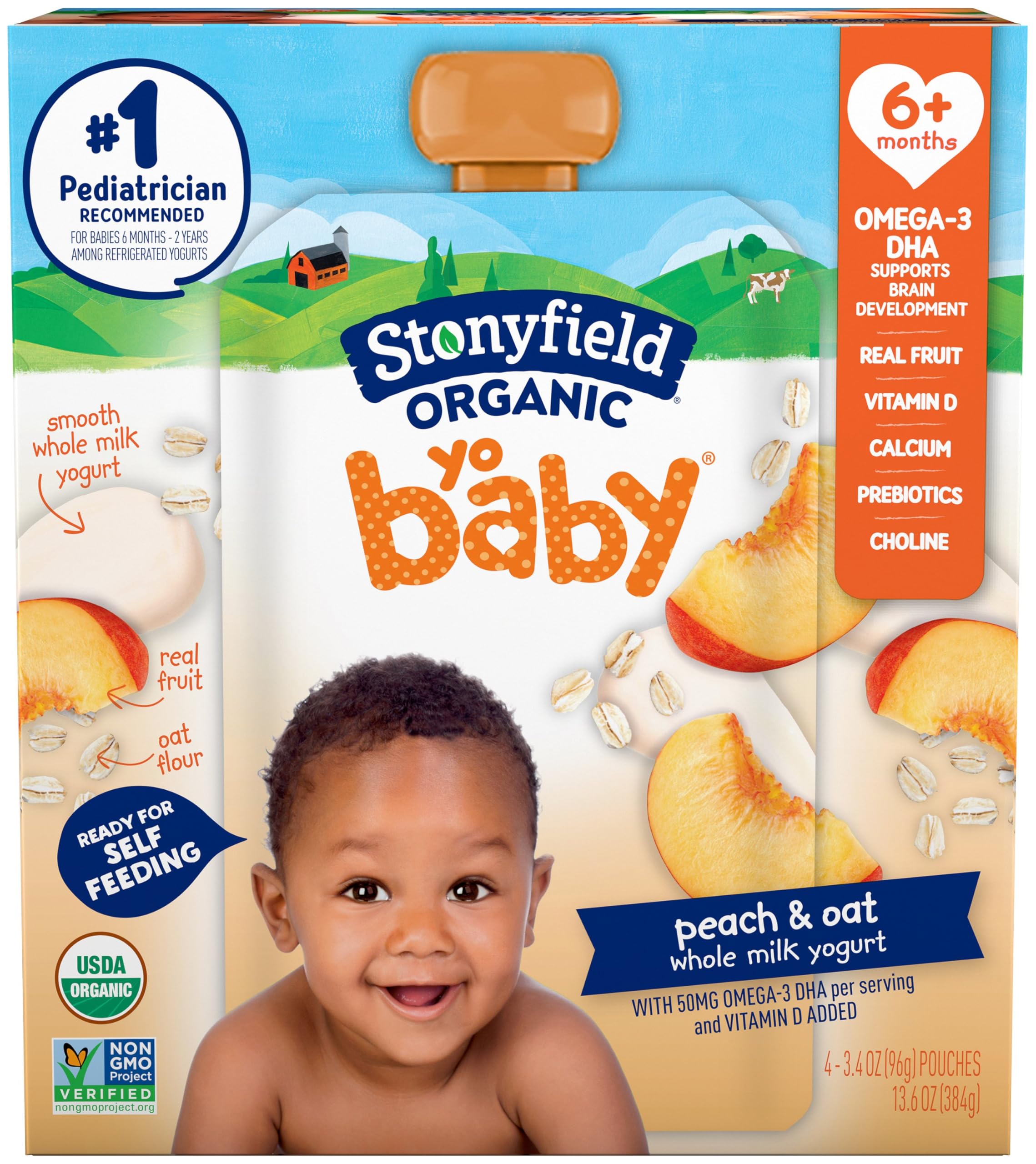Organic YoBaby Whole Milk Peach & Oat Yogurt Pouches for Babies 6+ Months - 3.4 oz (4 Pack) | Healthy Snack for Toddlers | Perfect for On-the-Go, Daycare & Lunchboxes