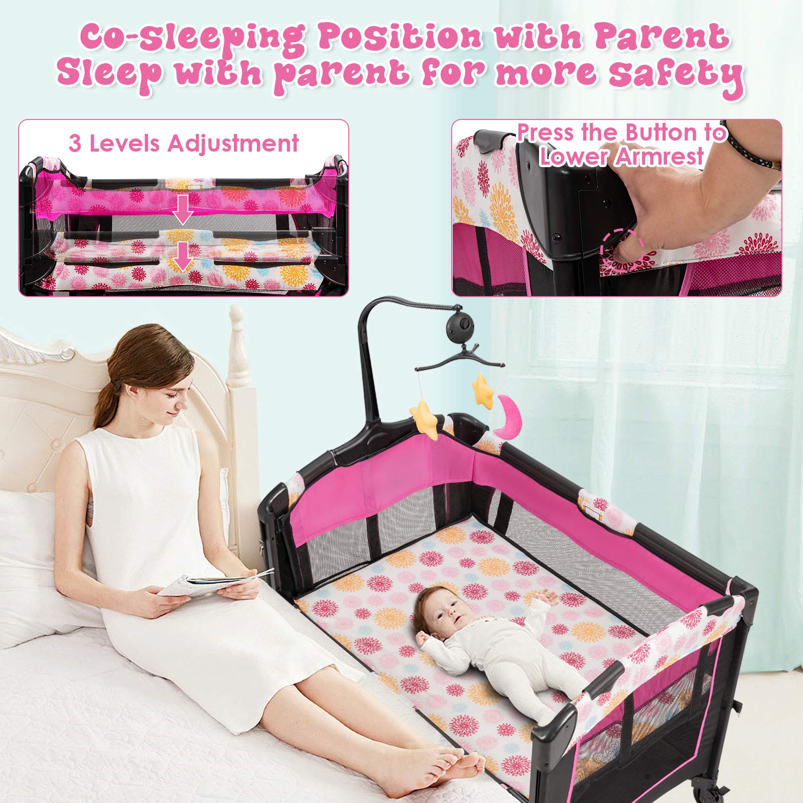 BABY JOY 4-in-1 Portable Playard with Bassinet & Changing Table - Adjustable Height Baby Bedside Sleeper with Music Box - Easy Fold & Carry for Newborn to Toddler - Perfect for Nursery, Travel & Co-Sleeping (Rose)