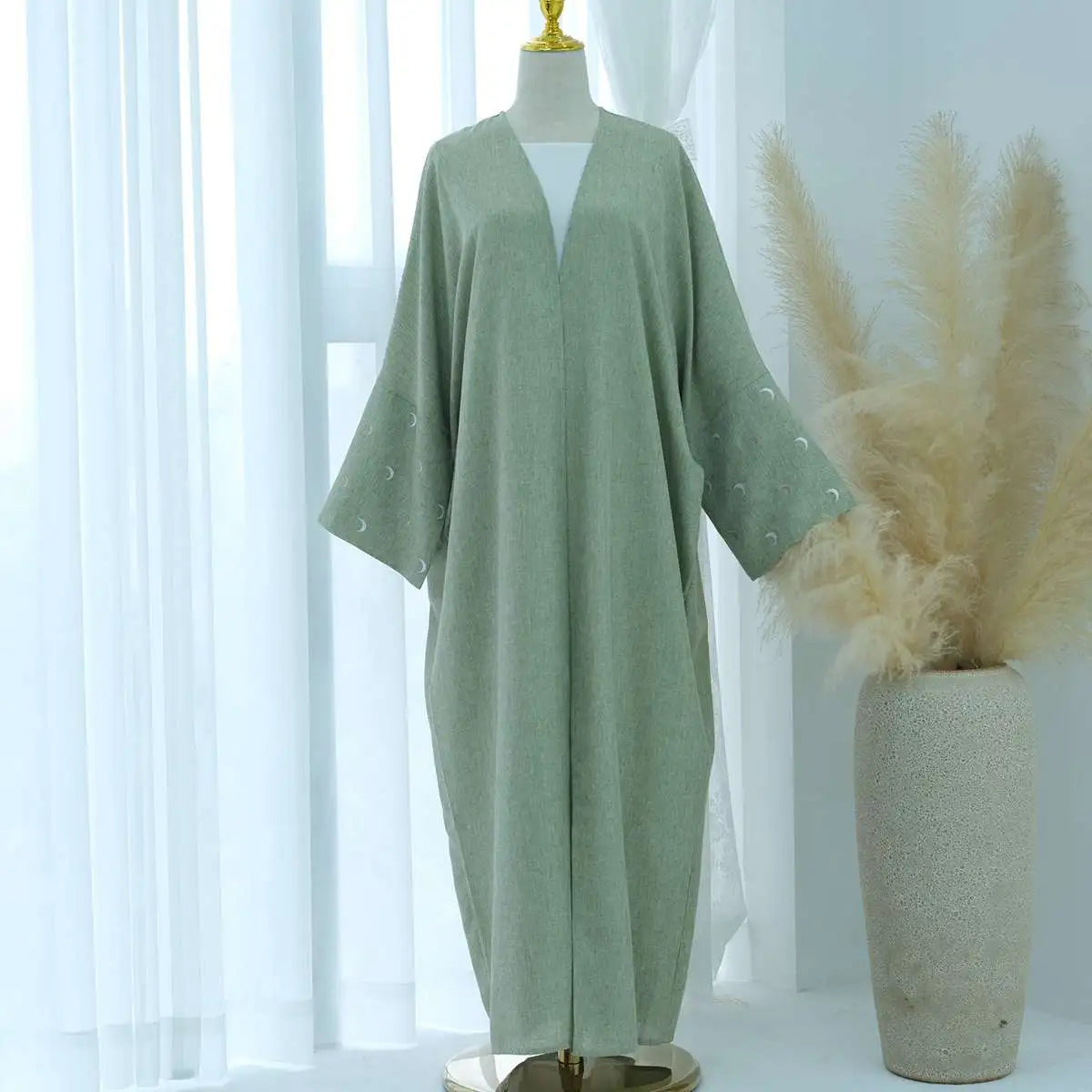 Moon Embroidery Cardigan Open Abaya Dress - Elegant Muslim Women's Outerwear for Prayer, Wedding & Special Occasions