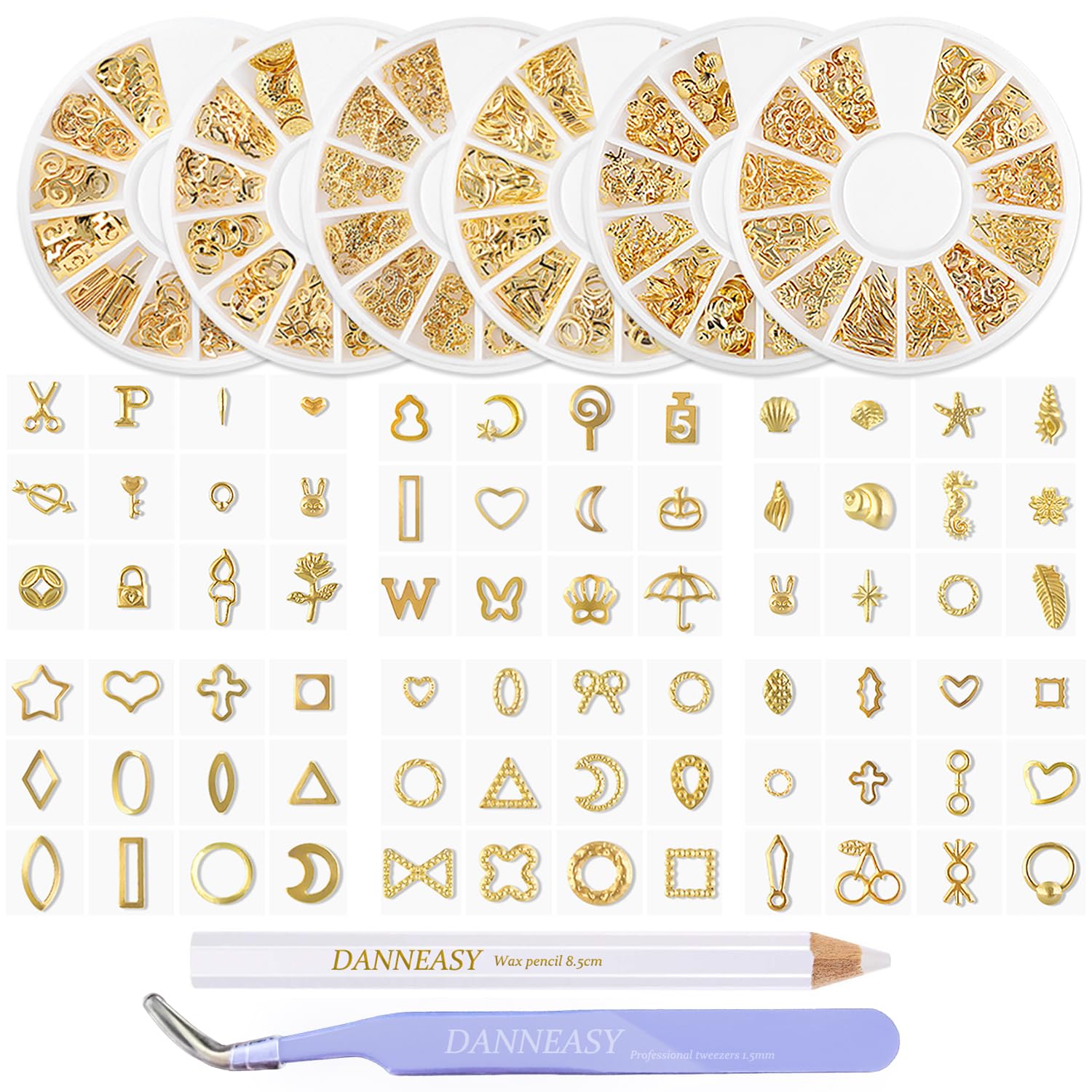 DANNEASY 6 Boxes Gold Nail Charms for Acrylic Nails - Metal Hollow Nail Studs with Heart, Moon, Star & Cross Designs - 3D Nail Art Jewels for DIY Manicure & Nail Decoration - Perfect for Parties, Weddings & Salon Use