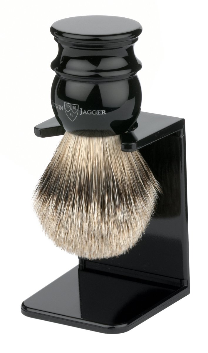 Edwin Jagger Large Silver Tip Badger Hair Shaving Brush with Drip Stand - Premium Imitation Ebony Handle - Luxury Wet Shaving Essential for Men's Grooming Routine