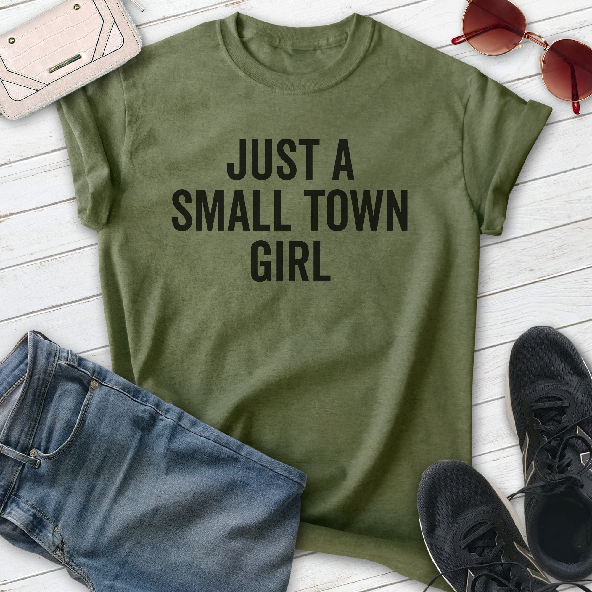 EVERTREE CLOTHING Just A Small Town Girl T-Shirt - Unisex Casual Tee for Women & Men - Vintage Rural Midwest Style Shirt - Perfect for Country Living, Farm Life & Small Town Pride