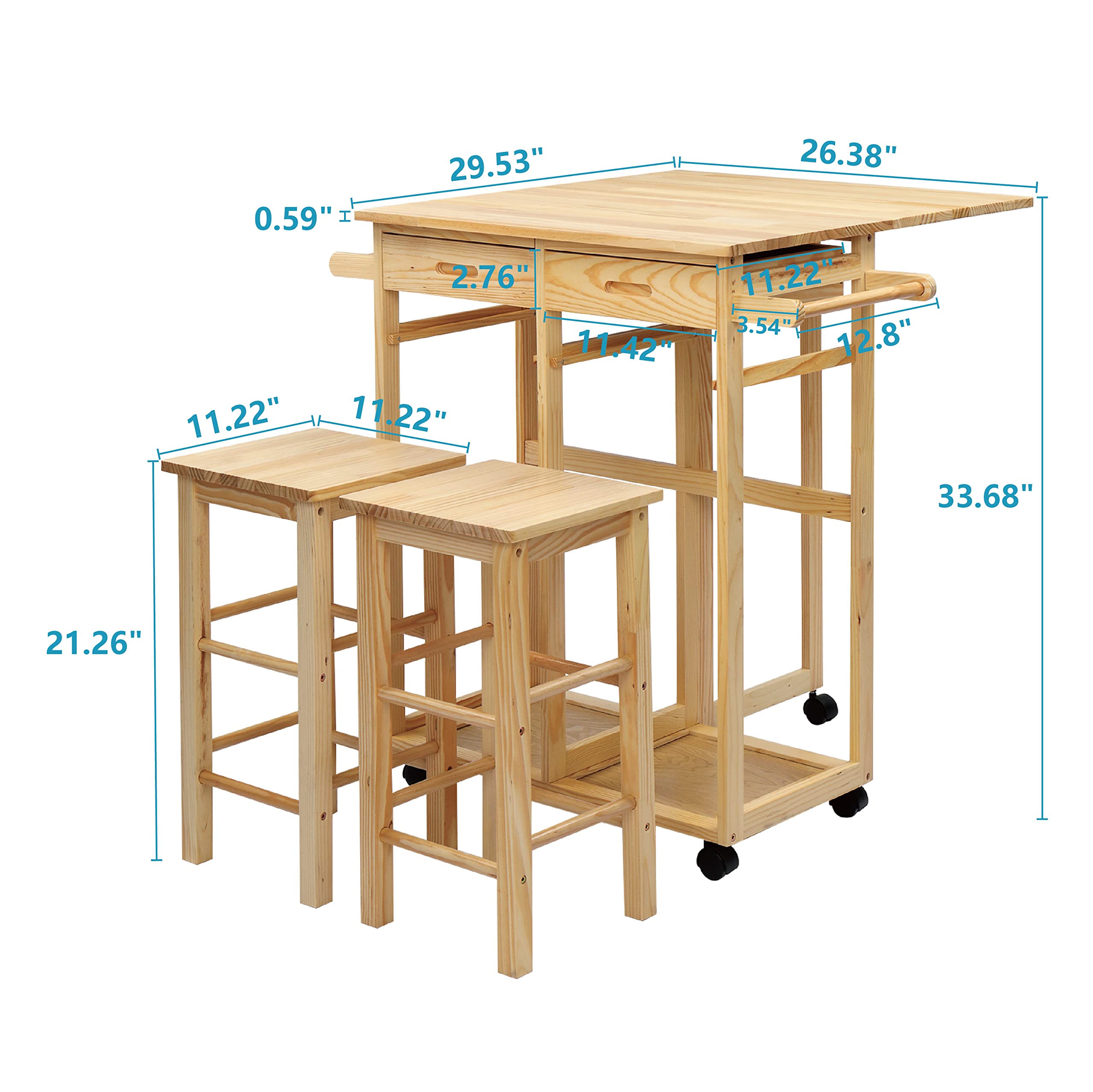 FCH Solid Wood Drop Leaf Kitchen Table with 2 Square Stools & 2 Drawers - Space-Saving Breakfast Bar, Dining Island Cart for Small Apartments & Compact Kitchens