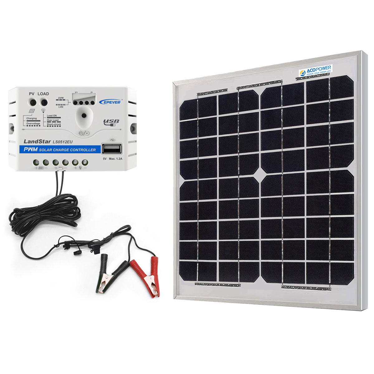 ACOPower 10W 12V Solar Panel Charger Kit with 5A Charge Controller & Alligator Clips - Perfect for RV, Boat, Car Battery Charging & Off-Grid Power Supply