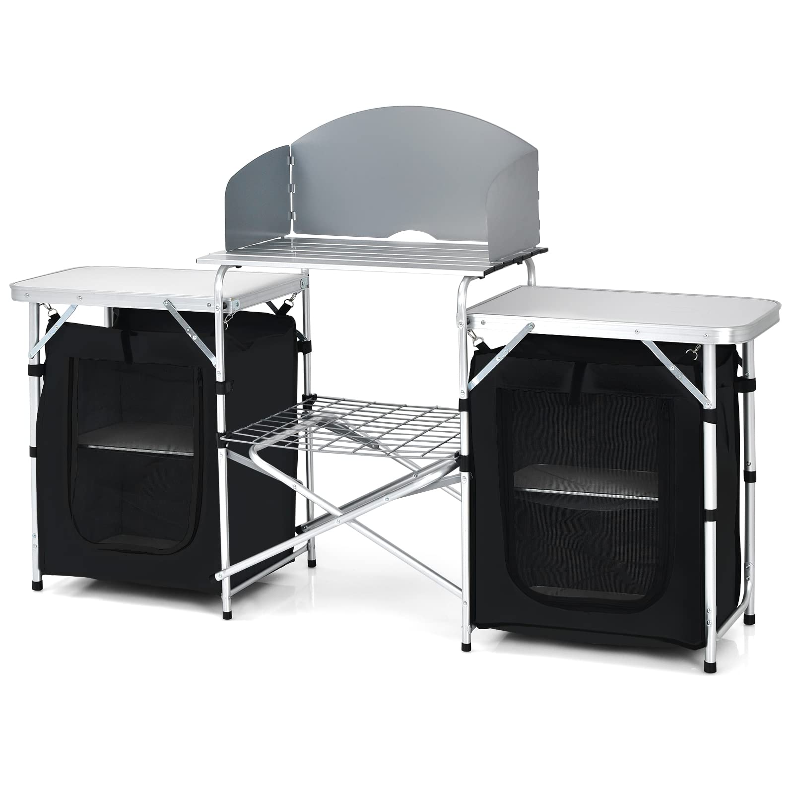 Tangkula 2-Tier Aluminum Folding Camping Table with Windscreen - Portable Cook Station with Storage Shelves & Carry Bag - Perfect for Outdoor Cooking, Picnics, BBQs, Camping & Backyard Parties