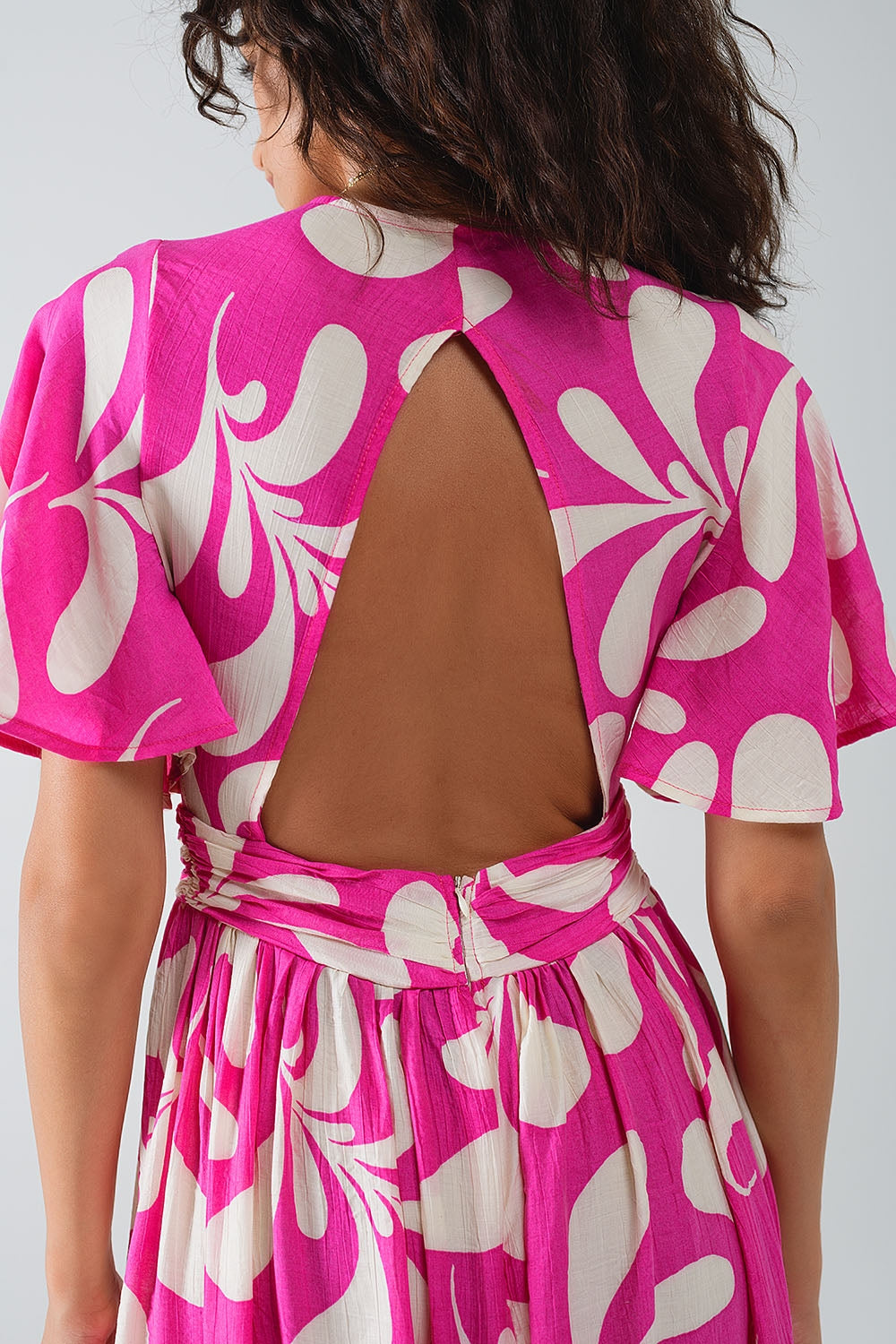 Fuchsia Floral Print Long Robe with Open Back - Elegant Loungewear for Women, Perfect for Spa Days, Bridal Parties, and Relaxing at Home